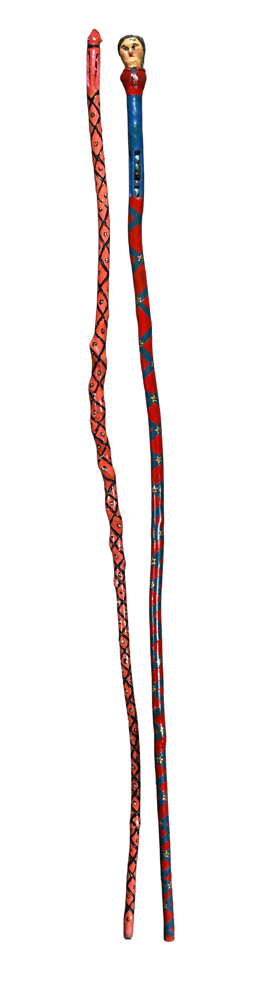 Thomas May. Pair of Staffs - Snake and Man Ball in Cage Canes. (1 of 3)