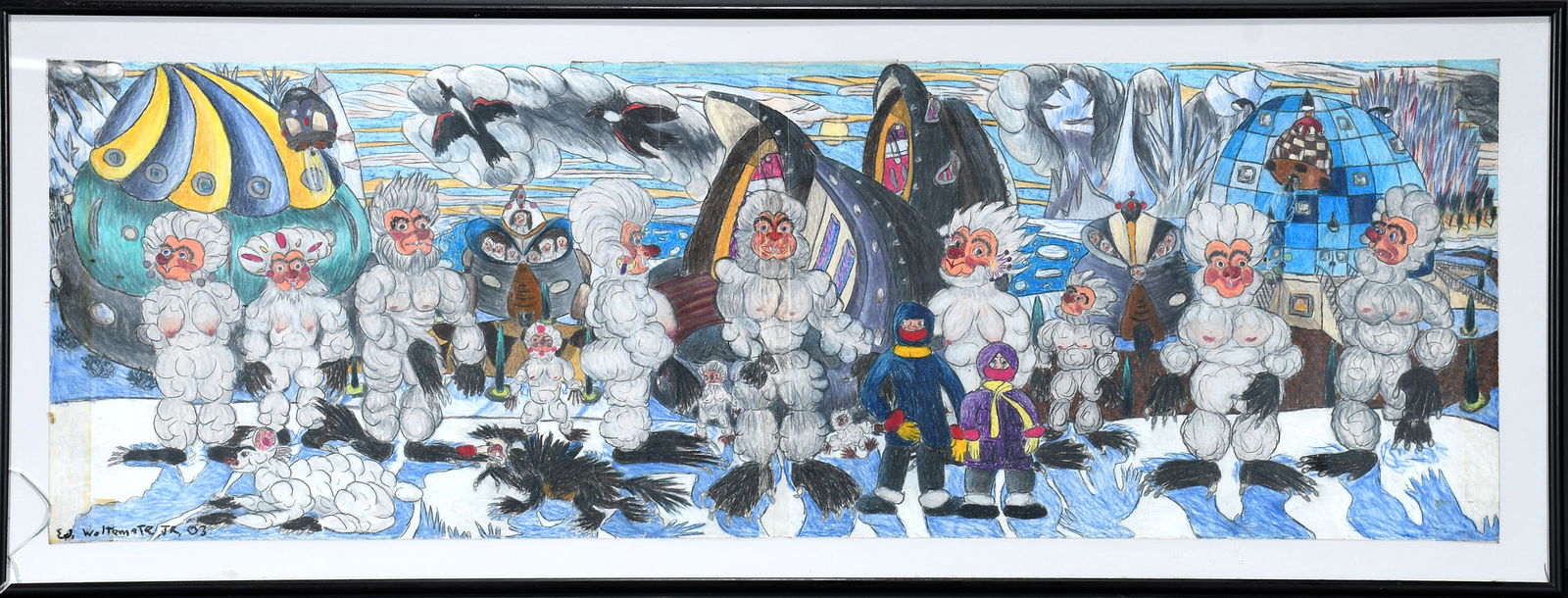 Edward Woltemate, Jr. Jupackthiacan.: Edward Woltemate, Jr. Jupackthiacan. 2003. Colored pencil on paper. Some discoloration, tape marks. Glass removed from frame. Overall good condition. 39" w x 15" h including frame. Est. $100-200. Ship