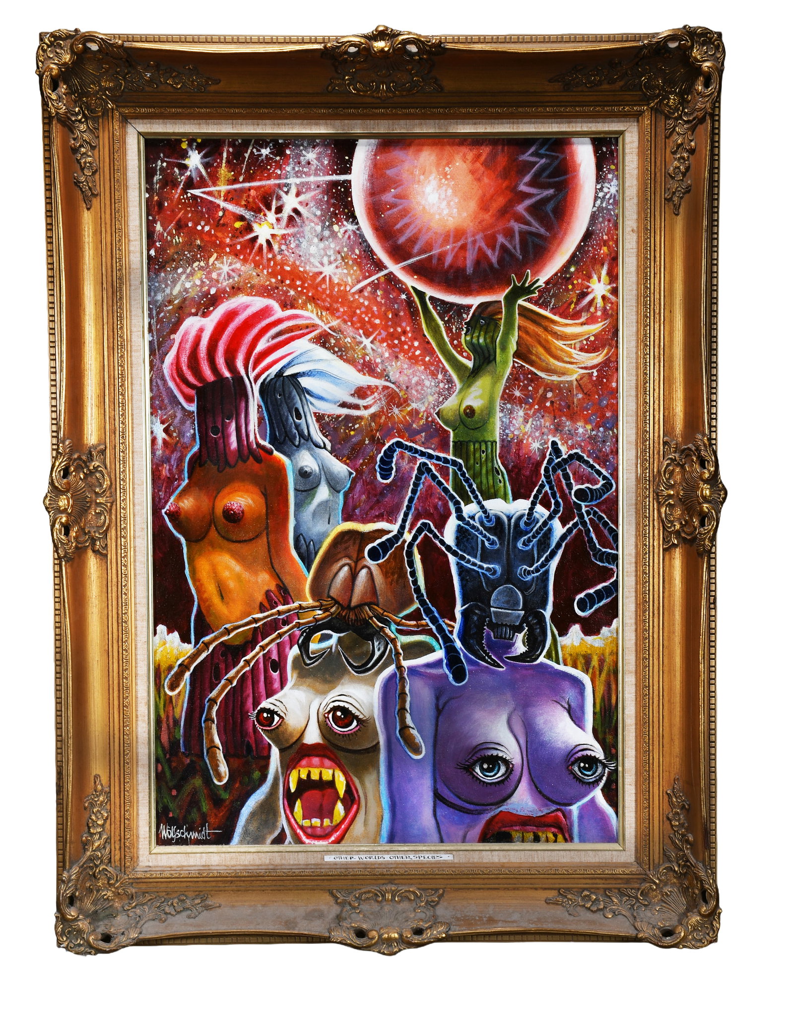 Willi Wolfschmidt. Other Planet Other Species.: Willi Wolfschmidt. Other Planet Other Species. 2007. Signed, dated and titled. Acrylic on canvas. Excellent condition. Frame is 33" w x 47" h. Est. $400-800. Ship: $300