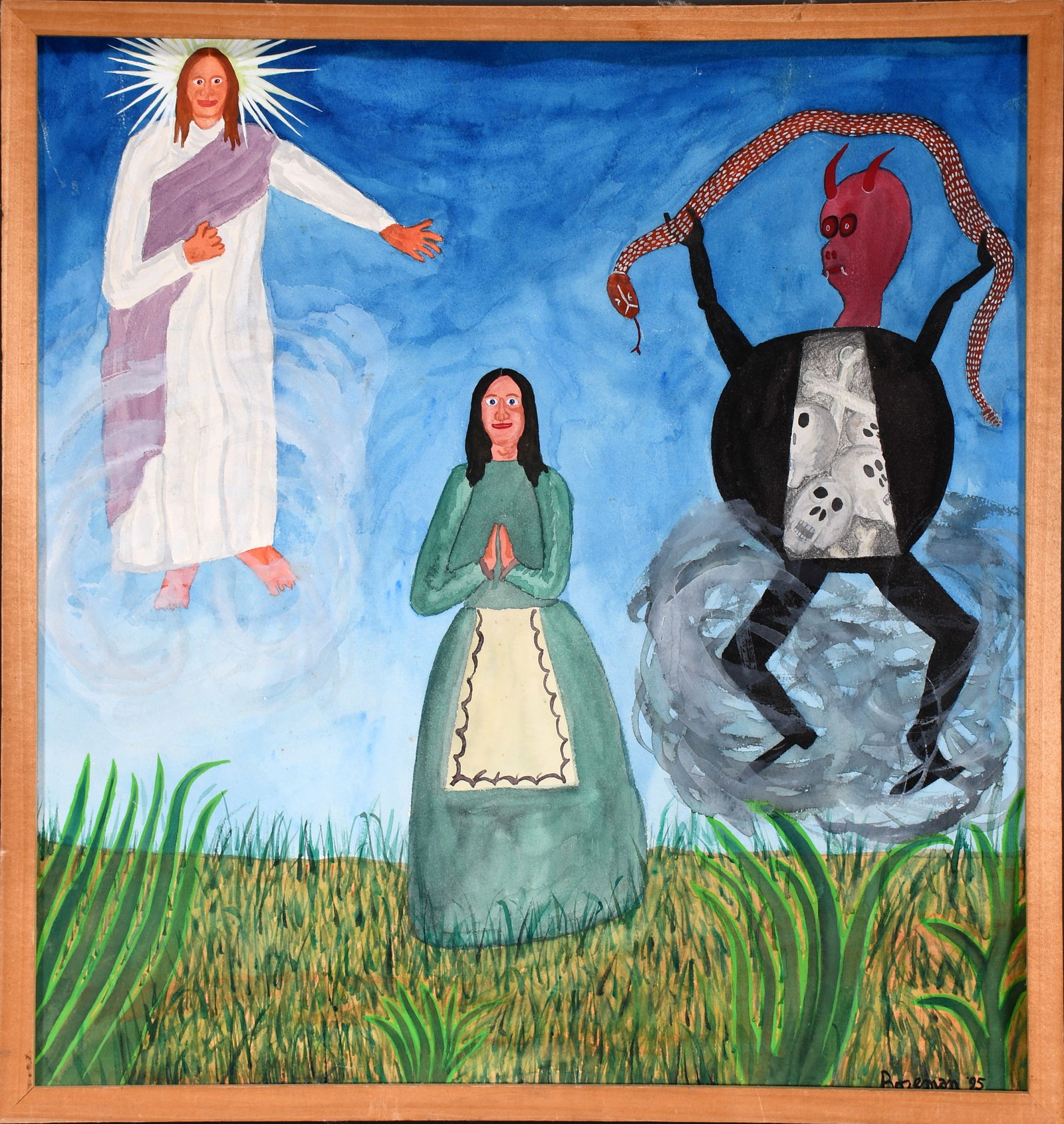 Jim Bozeman. Between God and Evil.: Jim Bozeman. Between God and Evil. 1995. Signed, dated and titled. Watercolor and graphite on paper. Excellent condition. Frame is 23" w x 25" h. Est. $200-300. Ship: $55