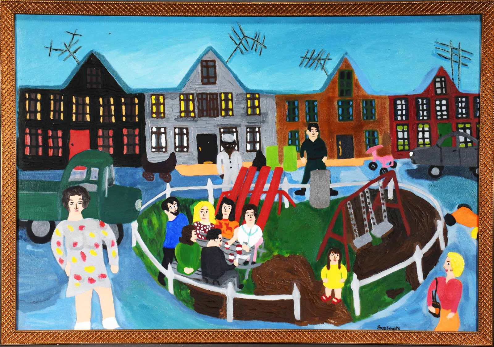 Ann C. Rosebrooks. Picnic.: Ann C. Rosebrooks. Picnic. 1973. Signed and dated. Oil on canvas. Excellent condition. Size with frame 40" w x 28" h. Est. $200-400. Ship: $400