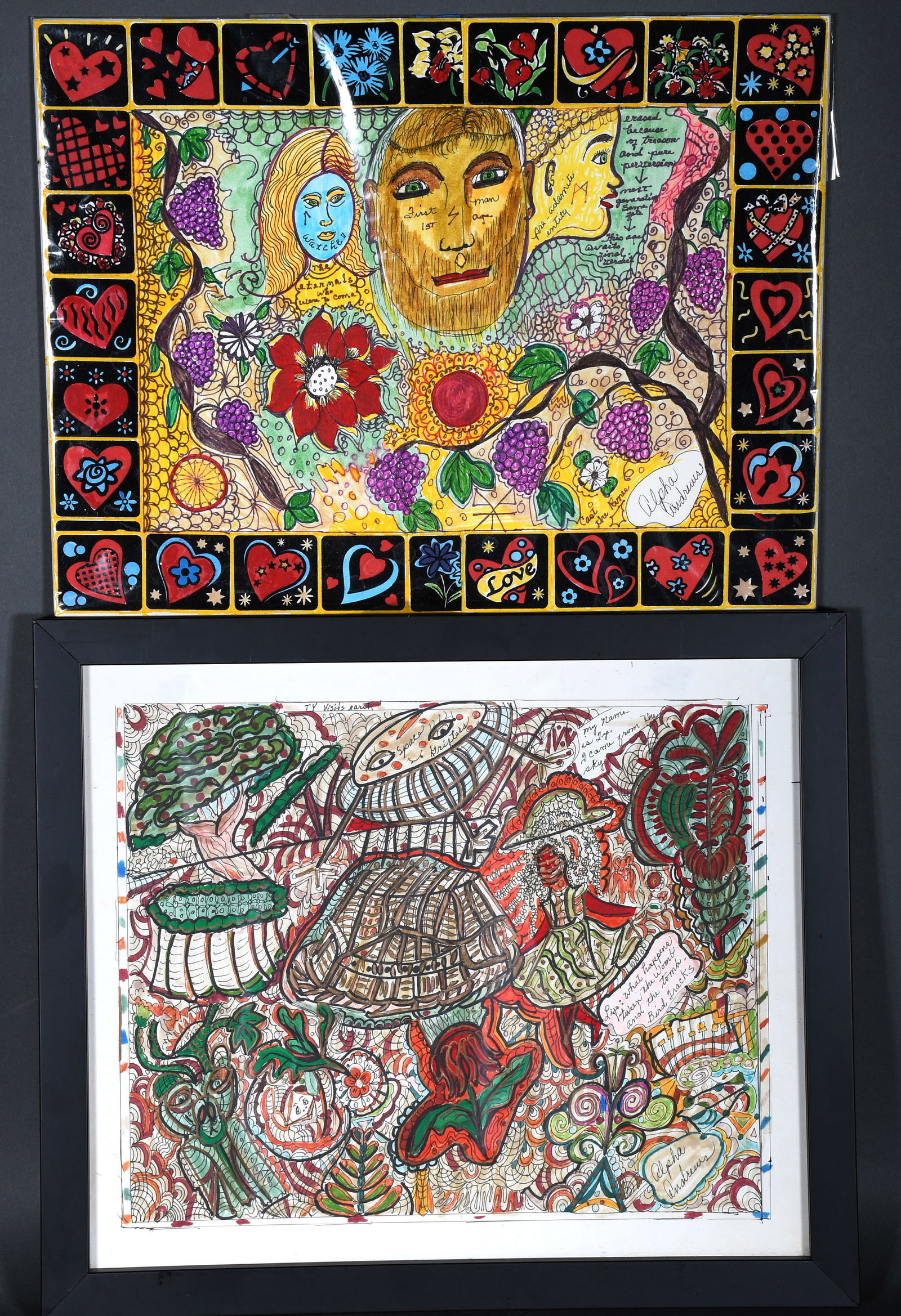 Alpha Andrews. Pair of Works.: Alpha Andrews. Pair of Works. Signed. Marker and ink on paper. Excellent condition. 17" w x 13" h average size. Est. $100-200. Ship: $55