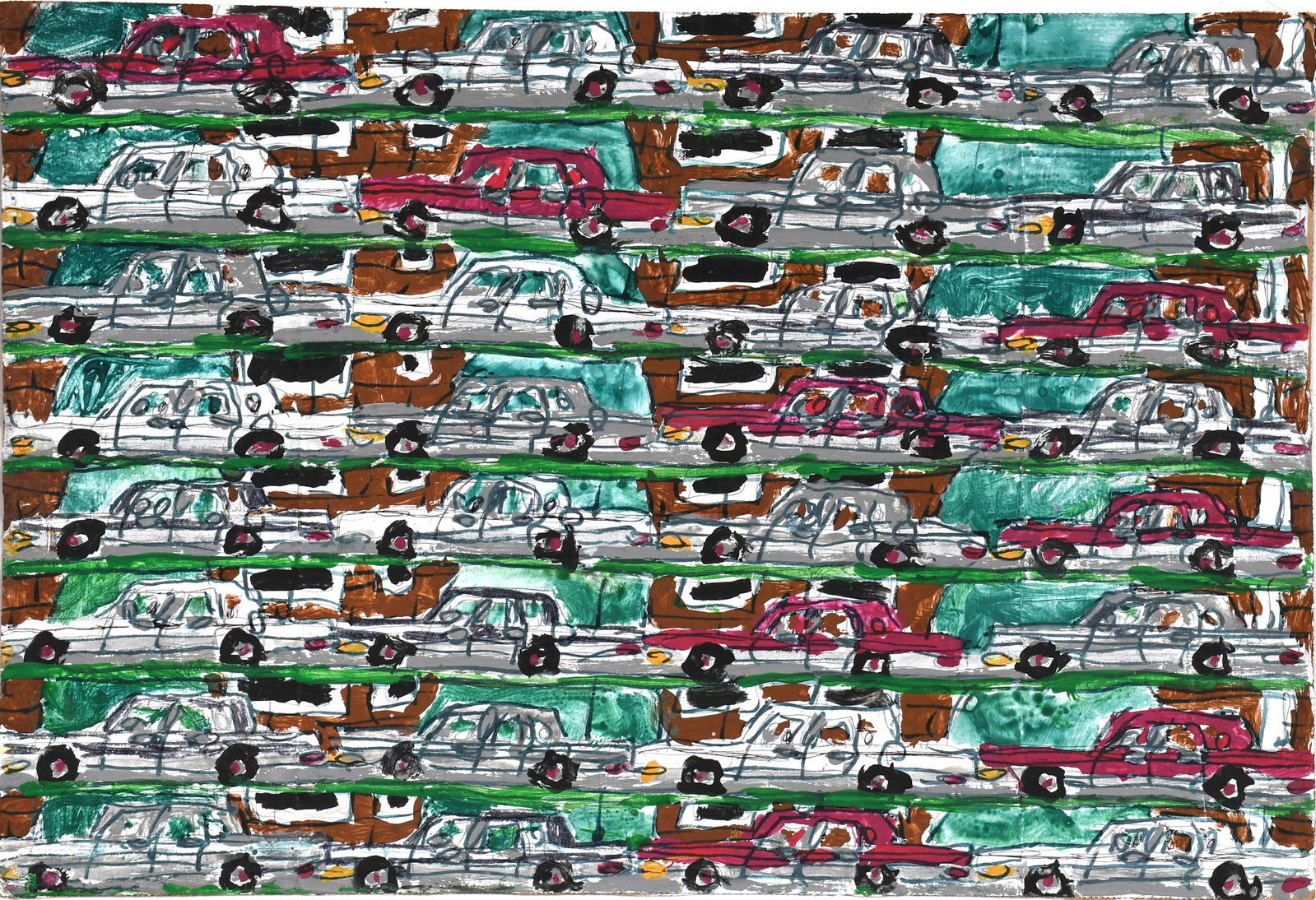 Susan Brown. Traffic.: Susan Brown. Traffic. 2003. Signed and dated. Paint and ink on found cardboard. Excellent condition. Image is 22.5" w x 15.25" h. Est. $200-300. Ship: $55