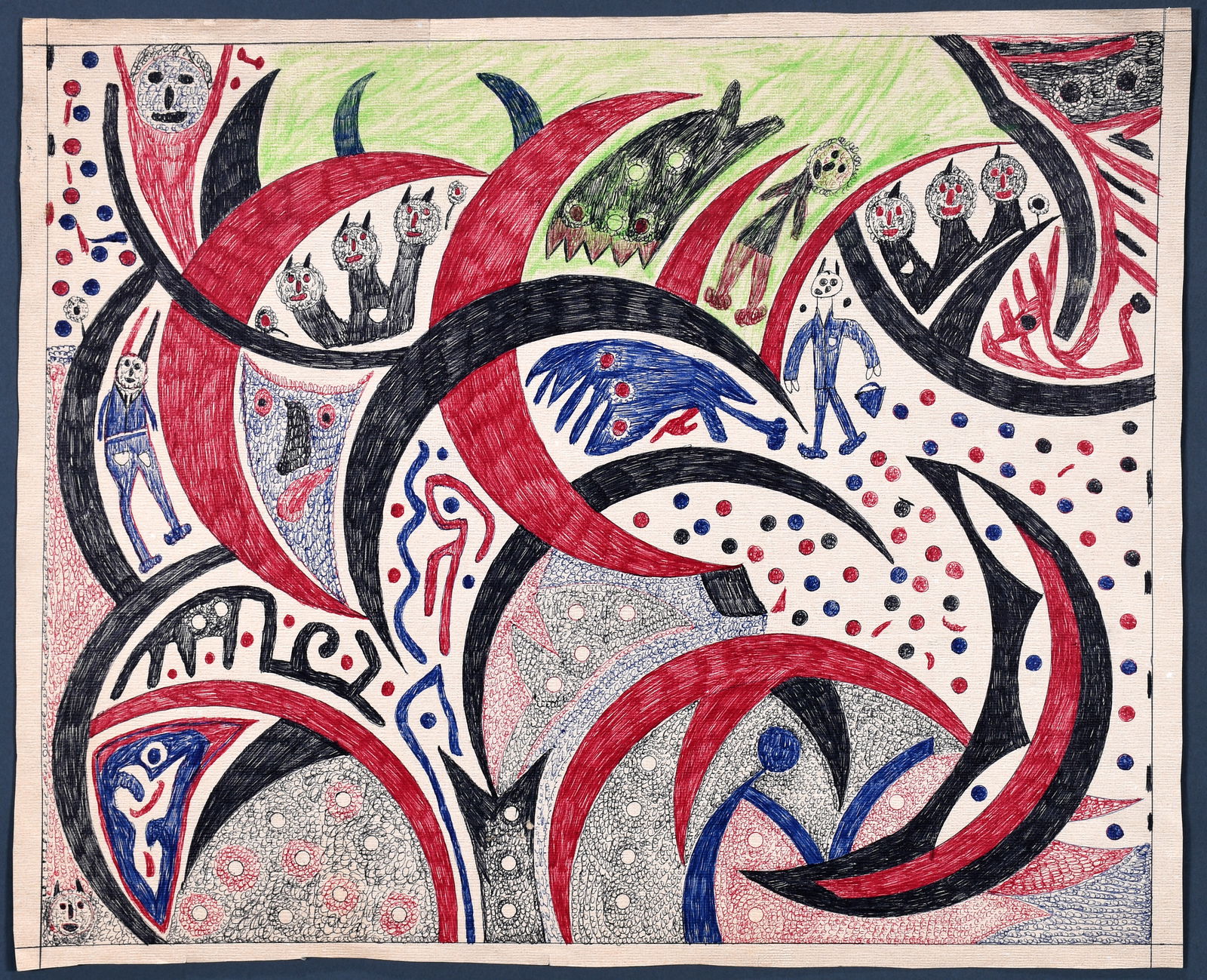 Unknown Artist. Devil's Playhouse.: Unknown Artist. Devil's Playhouse. Ink on salvaged wall paper. Minor tears on edges, some toning, otherwise good condition. 23" w x 19" h. Provenance: Phyllis Kind Gallery. Est. $100-200. Ship: $55