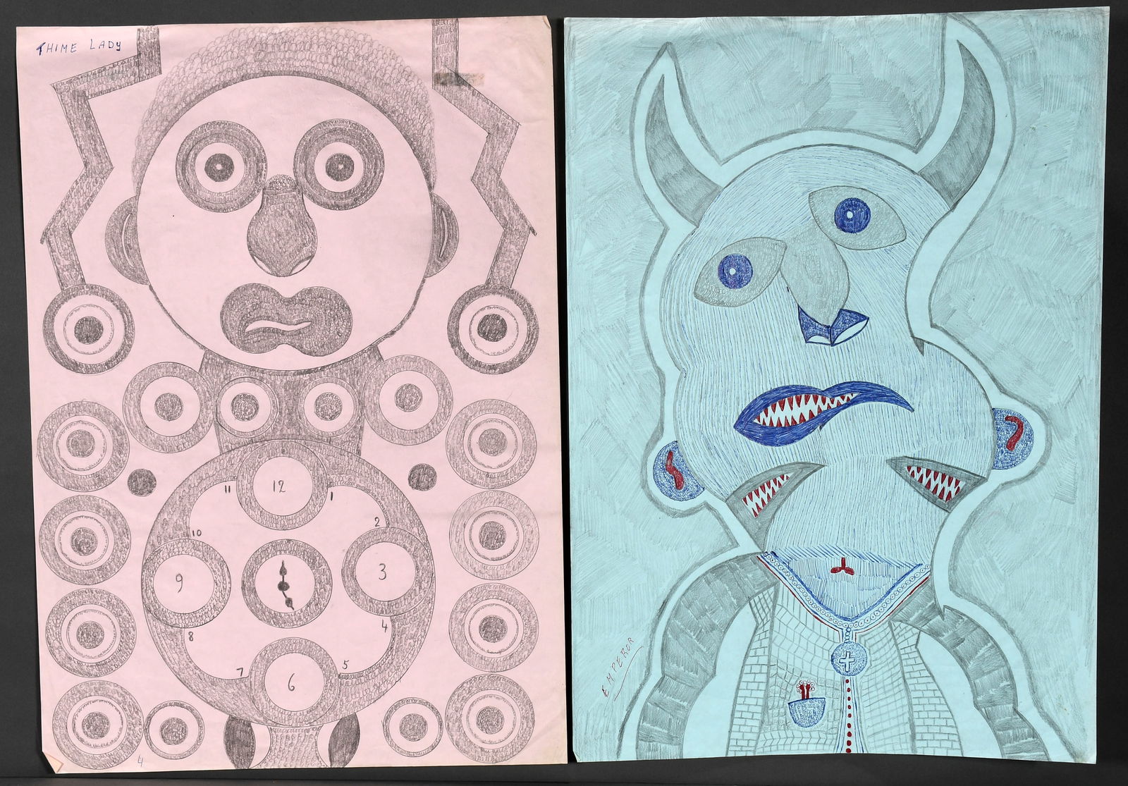 Unknown Artist. Thime Lady and Emperor Portraits.: Unknown Artist. Thime Lady and Emperor Portraits. Graphite and ink on thin colored paper. Minor wear on edges and some wrinkles, otherwise good condition. 17" w x 24" h each. Provenance: Phyllis Kind