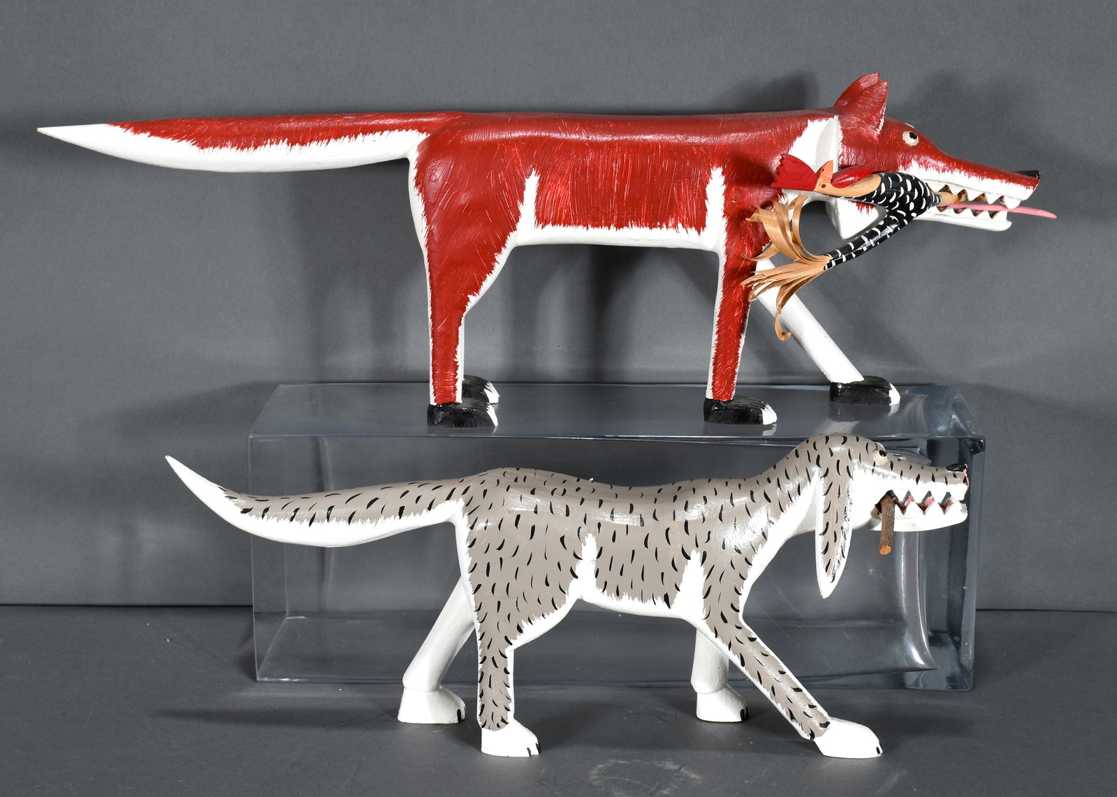 Lonnie and Twyla Money. Dog and Wolf.: Lonnie and Twyla Money. Dog and Wolf. Signed. Carved and painted wood. Excellent condition. Largest is 8" h x 21" w x 3.5" d. Est. $200-300. Ship: $85