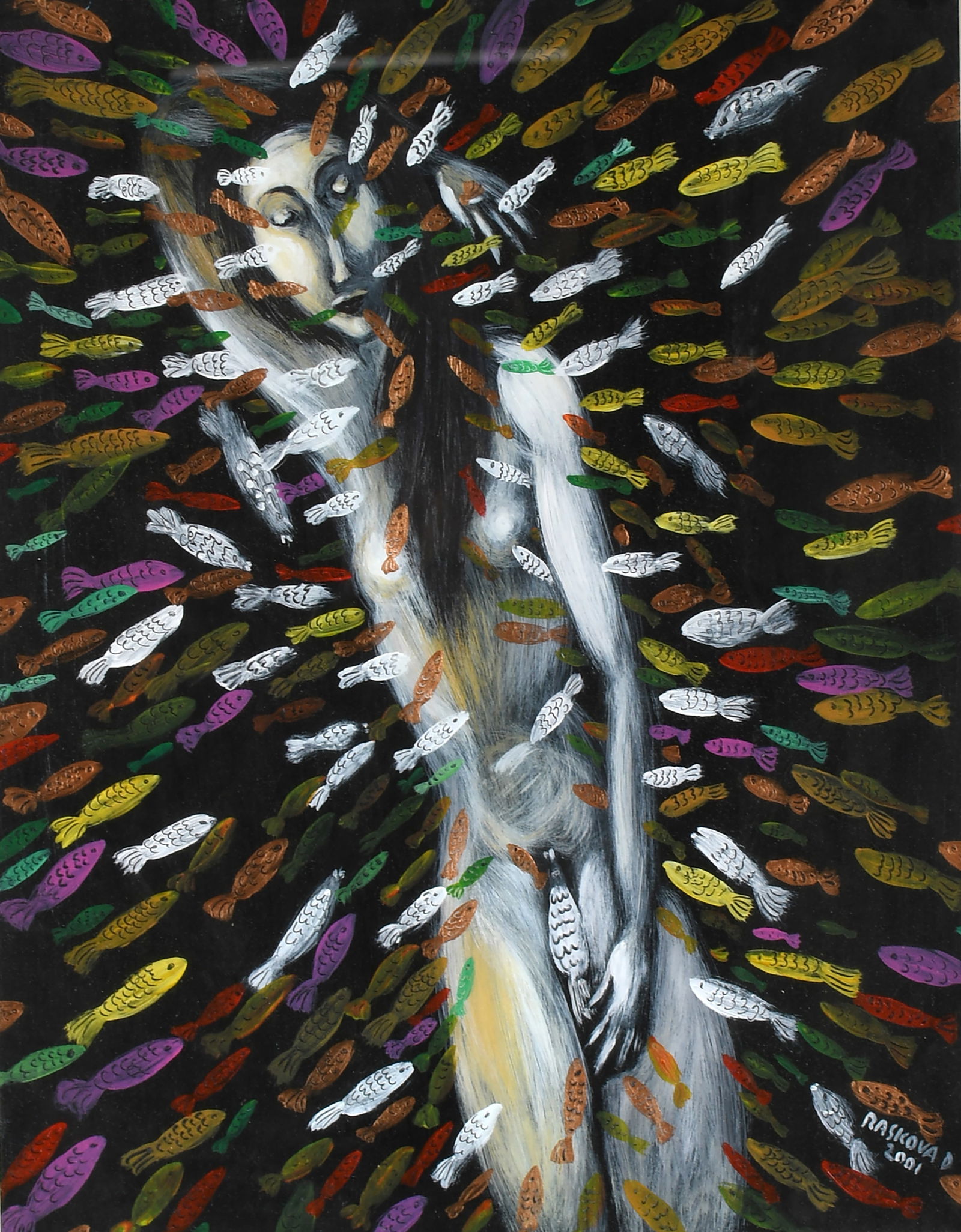 Raskova D. Fishy Female.: Raskova D. Fishy Female. 2001. Signed and dated. Paint on paper. Excellent condition. Frame is 22" w x 25.5" h. Est. $100-200. Ship: $75