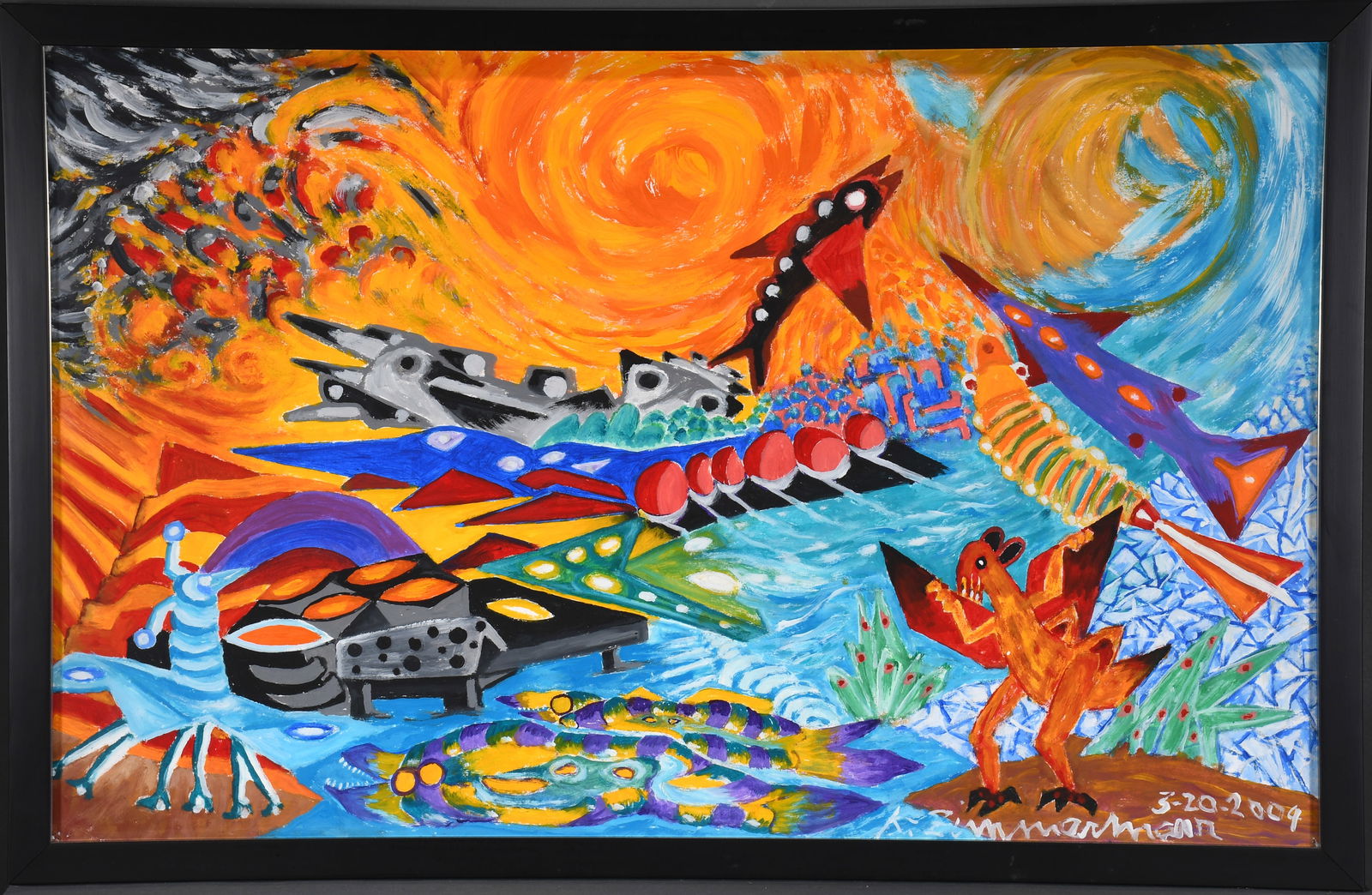 Kurt Zimmerman. Fantasy Scene.: Kurt Zimmerman. Fantasy Scene. 2004. Signed and dated. Paint on paper. Excellent condition. Frame is 40" w x 26" h. Est. $200-400. Ship: $125