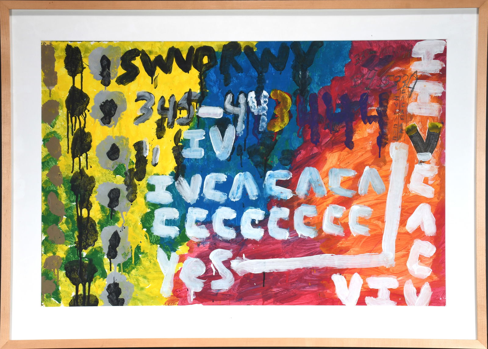 Sam Gant. Words and Numbers.: Sam Gant. (1955-2000). Words and Numbers. Paint on paper. Minor creases and tears on corner due to original framing, otherwise excellent condition. Image is 34.5" w x 22.5". Frame is 41" w x 30" h. Es