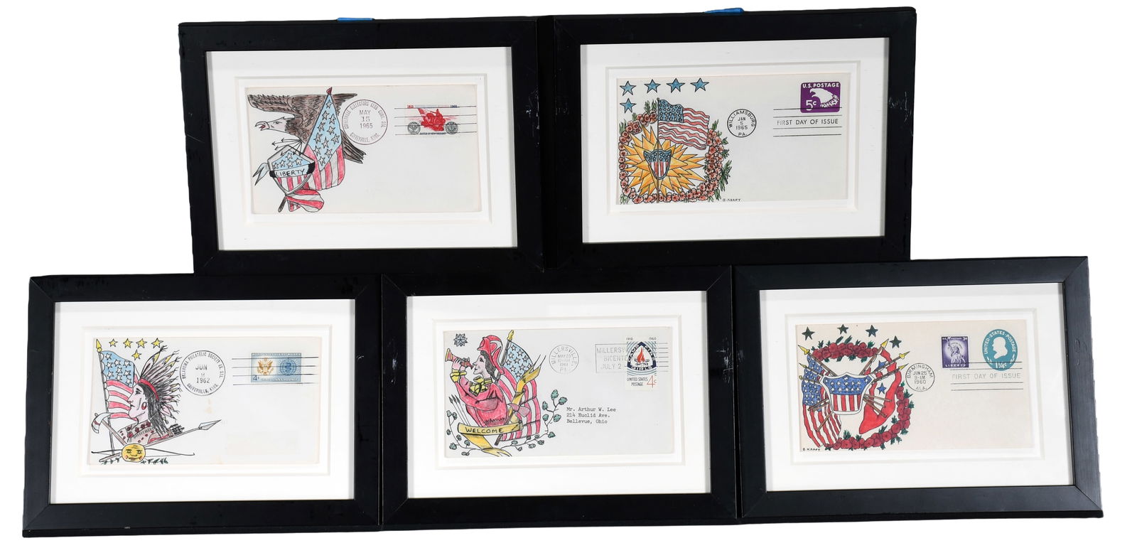 B. Kraft. Five Embellished Envelopes.: B. Kraft. Five Embellished Envelopes. c. 1960-1965. Signed and dated. Colored pencil, crayon, ink and mixed media on stamped envelopes. Excellent condition. Average frame is 10" w x 7" h. Provenance: