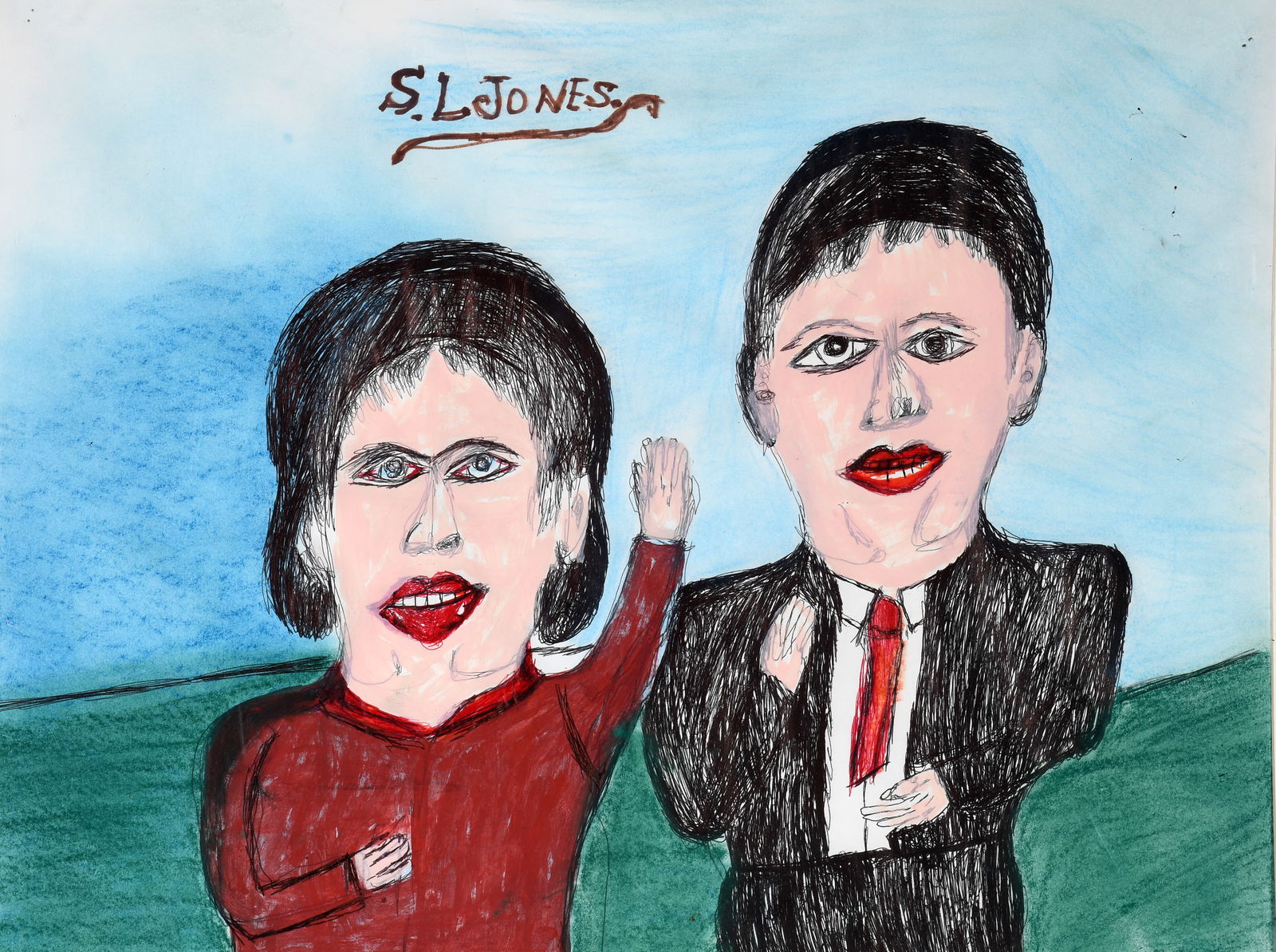 S.L. Jones. Waving.: S.L. Jones. Waving. Signed. Pastel and ink on paper. Excellent condition. Image is 23" w x 17" h. Est. $100-200. Ship: $65