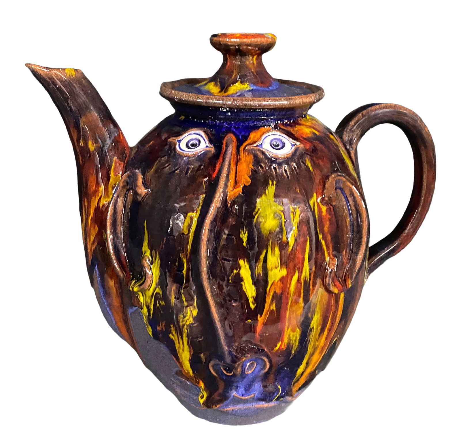 Roger Corn. Multi-Colored Glazed Teapot Face Jug.: Roger Corn. Multi-Colored Glazed Teapot Face Jug. 2024. Signed and dated. Mint condition. 10.5" h. Est. $300-500. Ship: $65 Please Read Before You Bid: By registering for and/or placing a bid in