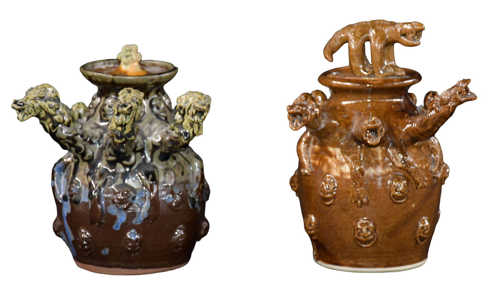 Stacy Lambert. Pair of Dragon Decorated Lidded Pots.: Stacy Lambert. Pair of Dragon Decorated Lidded Pots. 2001. Signed and dated. Mint condition. 8" h average. Est. $100-200. Ship: $75 Please Read Before You Bid: By registering for and/or placing a