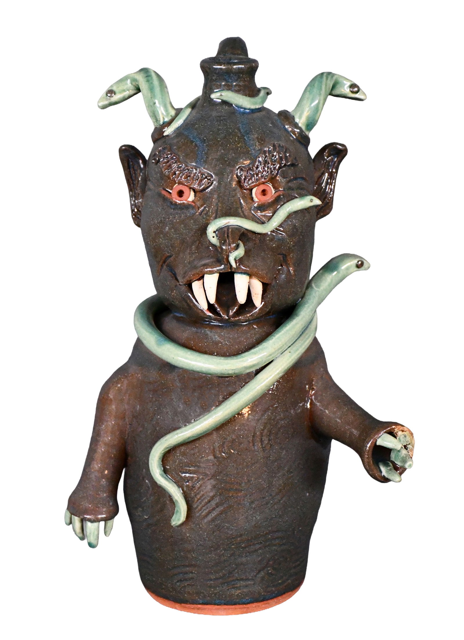 Yvette Lepley. Horned Devilish Snake Figural Jug.: Yvette Lepley. Horned Devilish Snake Figural Jug. 2007. Signed and dated. Missing one finger, otherwise excellent condition. 13" h. Est. $100-200. Ship: $75 Please Read Before You Bid: By