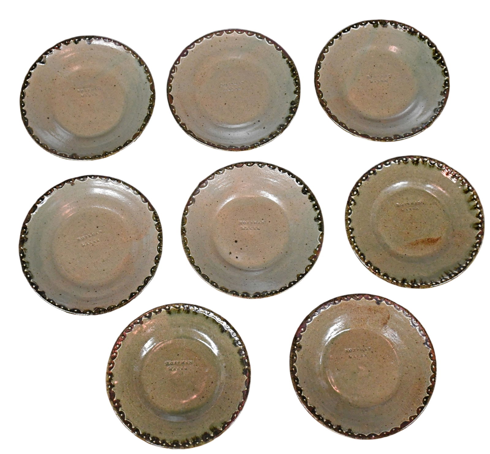 Jim Bozeman. Eight Scalloped Decorated Dining Plates.: Jim Bozeman. Group of Eight Scalloped Decorated Dining Plates. circa 1990s. Signed and dated. Mint condition. Average is 12.5" d. Est. $400-600. Ship: $250 Please Read Before You Bid: By