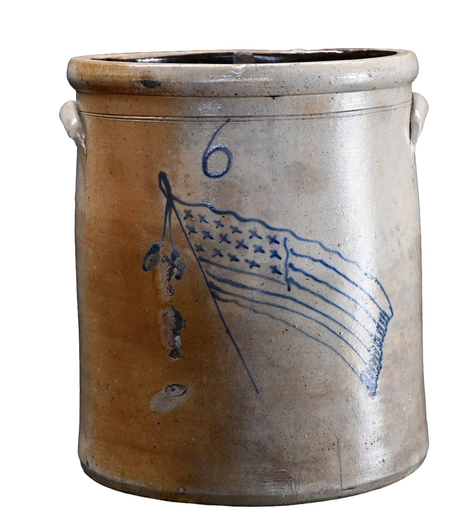 New England Stoneware. 17 Stars Flag Decorated 6 Gallon Crock.: New England Stoneware. 17 Stars Flag Decorated 6 Gallon Crock. c. 1870's. Not signed. Chips on rim and wear near flag, otherwise good condition. 14" h x 12" d. Provenance: Carl Hammer Gallery. Est.