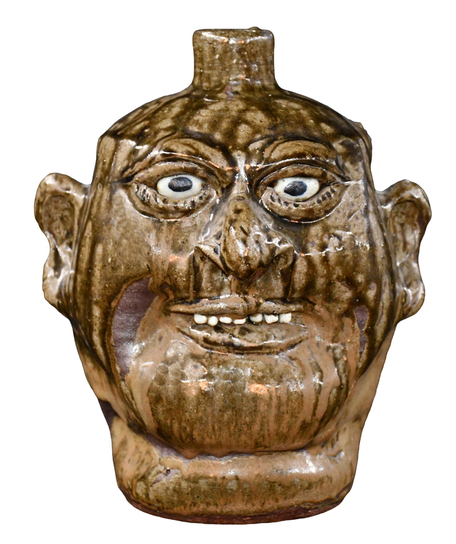 Lanier Meaders. Hooked Nose Face Jug.: Lanier Meaders. Hooked Nose Face Jug. c. 1980's. Signed. Minor glaze crawl on back and around mouth. Minor rock pops in clay, otherwise excellent condition. 10.5" h. Est. $700-900. Ship: $55 Please Re