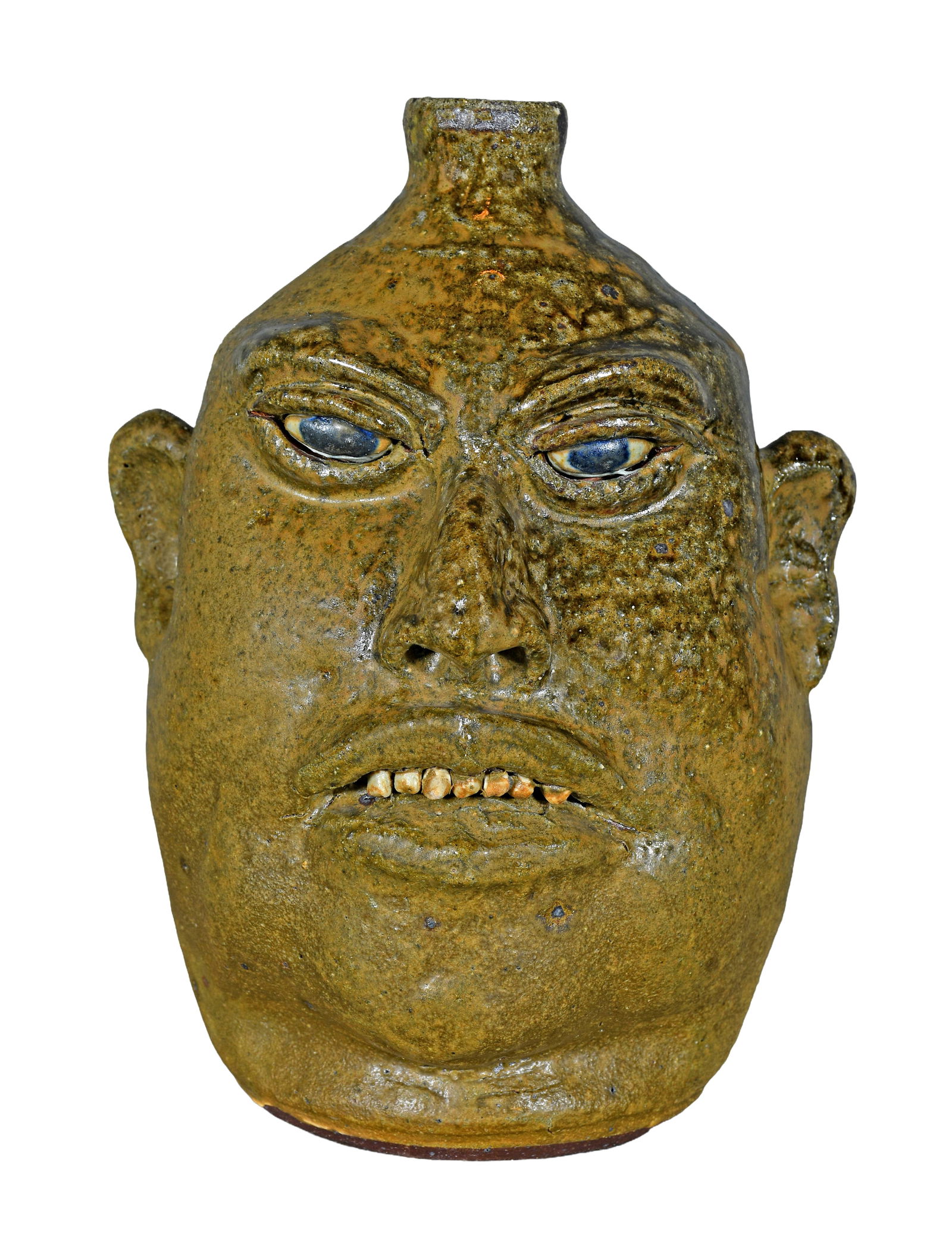 Lanier Meaders. 2/3 Matte Glazed Face Jug.: Lanier Meaders. 2/3 Matte Glazed Face Jug. c. 1985. Signed. Kiln shrink in handle, otherwise great condition. 10.5" h. Provenance: The Richard Gasperi and James Resko Private Collection. Est. $700-900