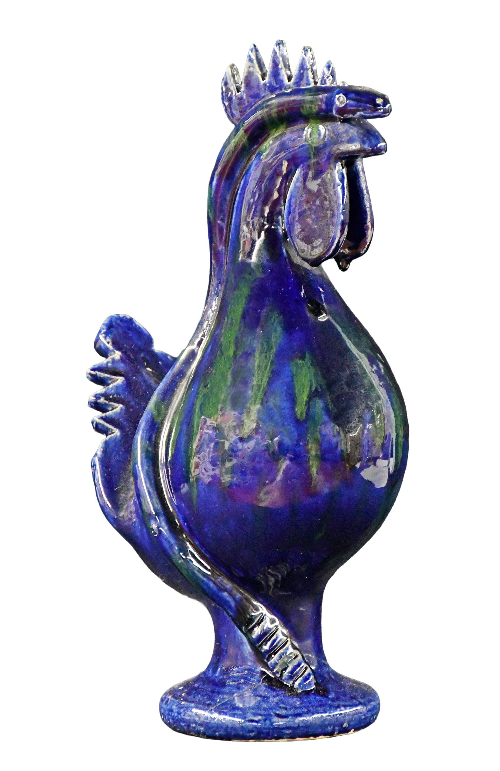 Edwin Meaders. Deep Rich Blue Green Glazed Rooster with Snake. (1 of 6)
