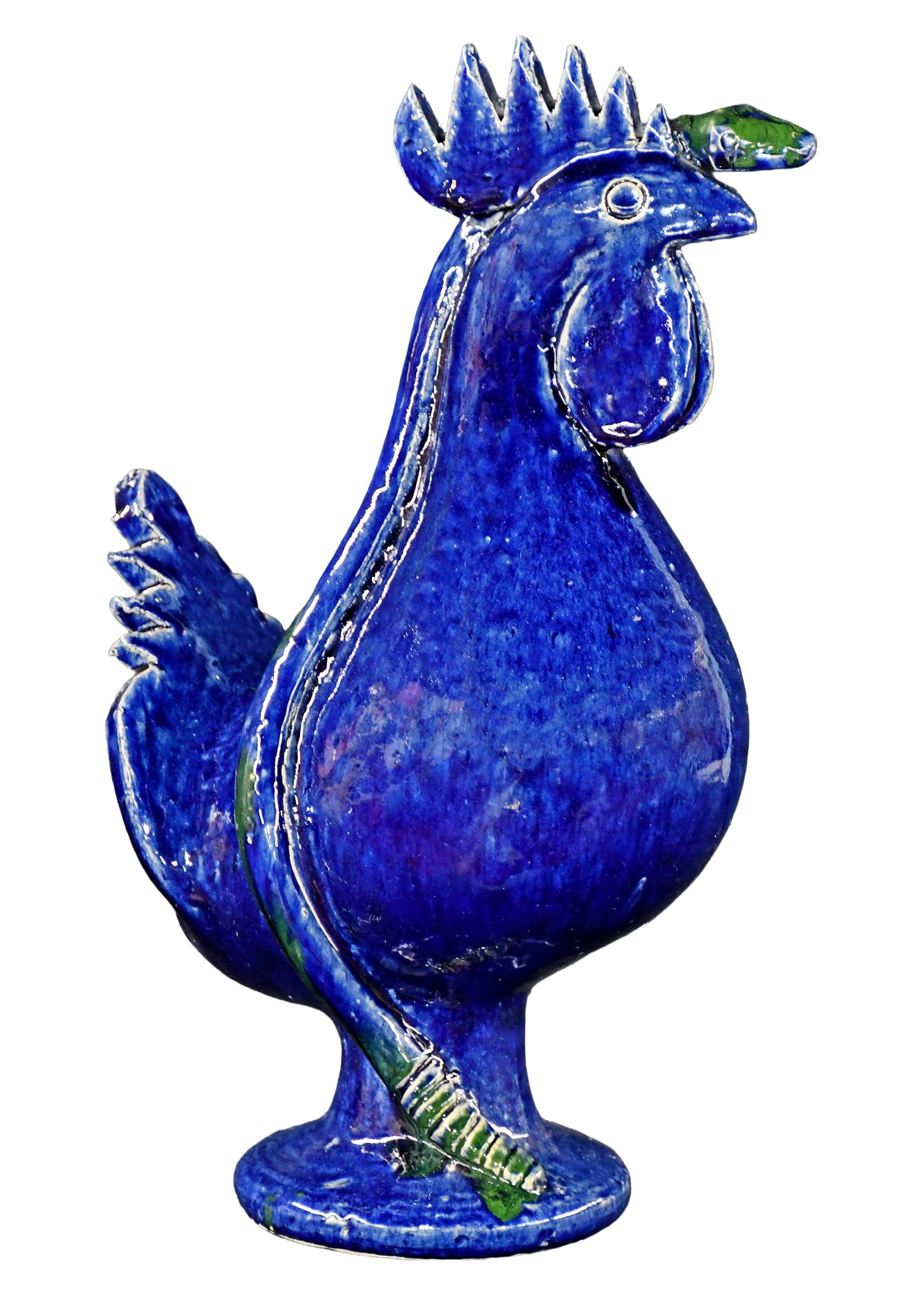 Edwin Meaders. Cobalt Blue Rooster with Blue Green Snake.: Edwin Meaders. Cobalt Blue Rooster with Blue Green Snake. 1994. Signed and dated. Re-attached snake head, otherwise good condition. 14" h. Est. $300-500. Ship: $100 Please Read Before You Bid: By