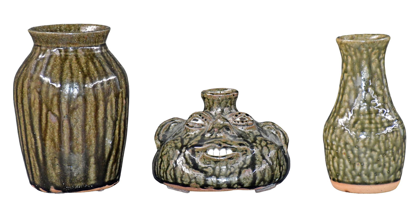 A.G. & Billie and Cleater Meaders. Buggy Jug & 2 Utilitarian Works.: A.G. Meaders and Billie and Cleater Meaders. Buggy Jug and Two Utilitarian Works. c. 1987, 89, 92. All signed and dated. Tobacco-spit glaze. Mint condition. Tallest is 8" h. Est. $200-300. Ship: $85 