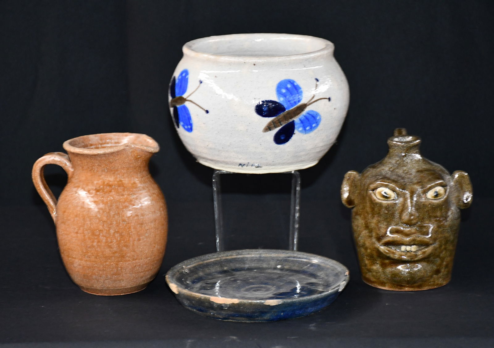 Anita Meaders. Four Pottery Pieces.: Anita Meaders. Four Pottery Pieces. All are signed. Blue plate has chips on rim. All others are mint condition. Butterfly bowl is 4.5" h. Est. $100-200. Ship: $75 Please Read Before You Bid: By