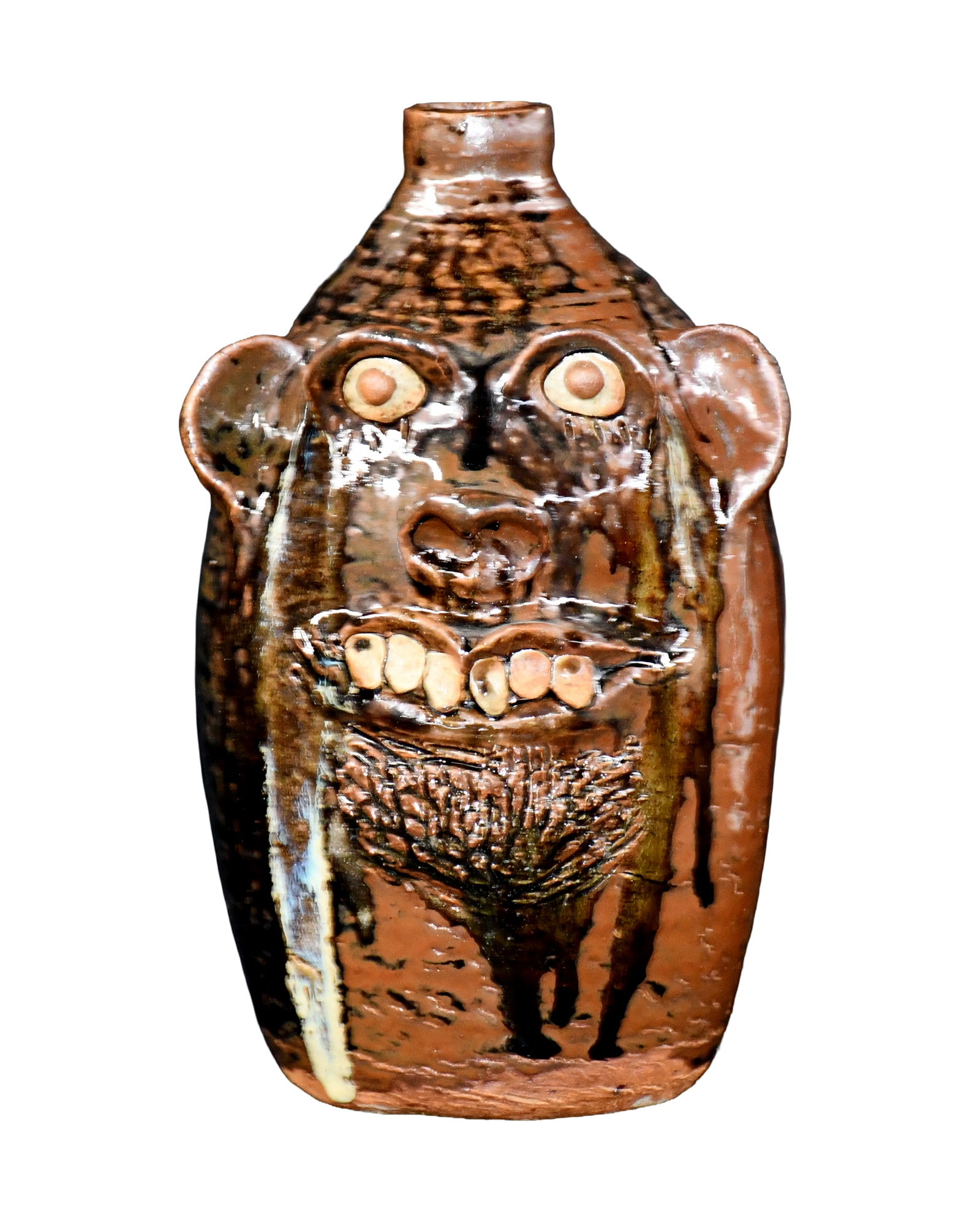 Marie Rogers. 1 Gallon Face Jug.: Marie Rogers. 1 Gallon Face Jug. Signed and stamped. Multi-Colored glass drips. Mint condition. 11" h. Provenance: The Lynne Ingram Collection. Est. $200-300. Ship: $45 Please Read Before You Bid: By