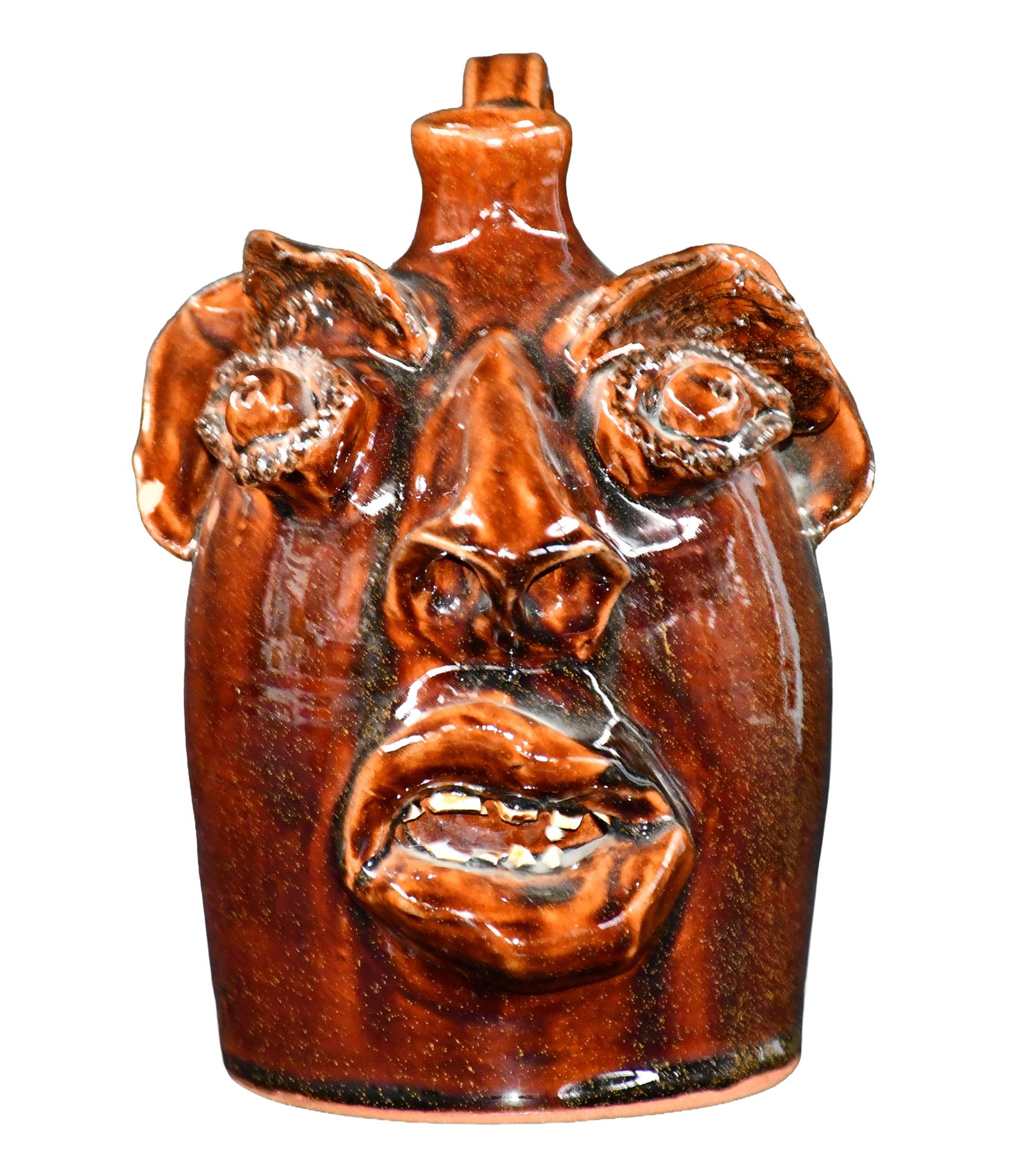 Brown Pottery. Half Gallon Face Jug. (1 of 5)