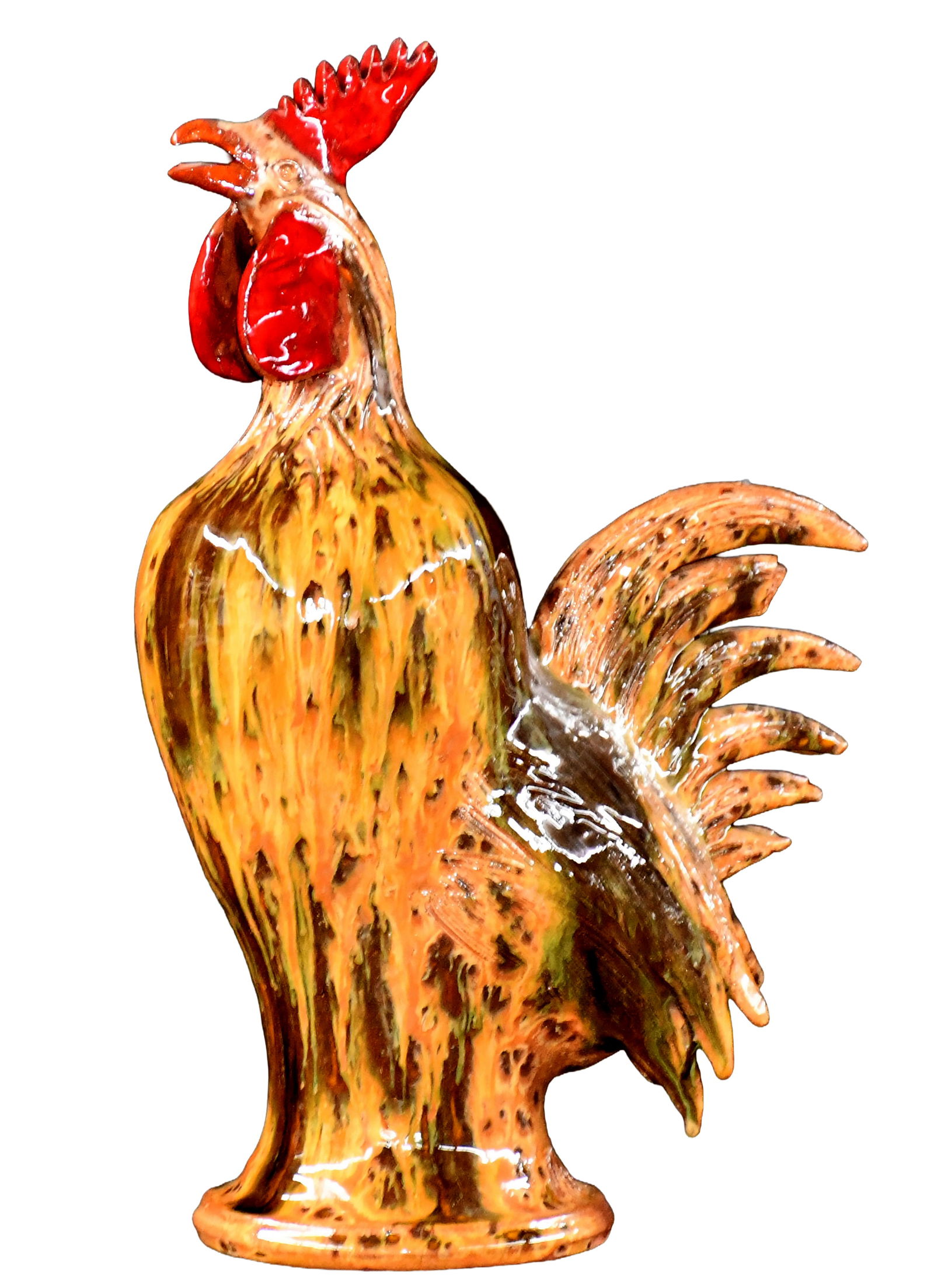 Charlie West. Multi Glaze Dripped Rooster.: Charlie West. Multi Glaze Dripped Rooster. Signed. Loss to top of tail feathers, otherwise good condition. 13.5" h. Est. $100-200. Ship: $75 Please Read Before You Bid: By registering for and/or placi