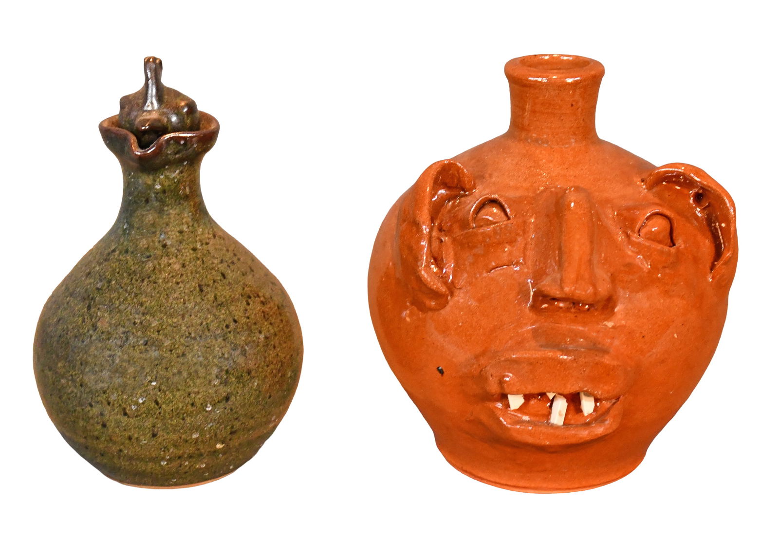 M.L. Owens & Jugtown. Face Jug & Pitcher with Chicken Head Stopper.: M.L. Owens and Jugtown. Face Jug and Pitcher with Chicken Head Stopper. Signed and stamped. Mint condition. Average is 8" h. Est. $100-300. Ship: $75 Please Read Before You Bid: By registering for