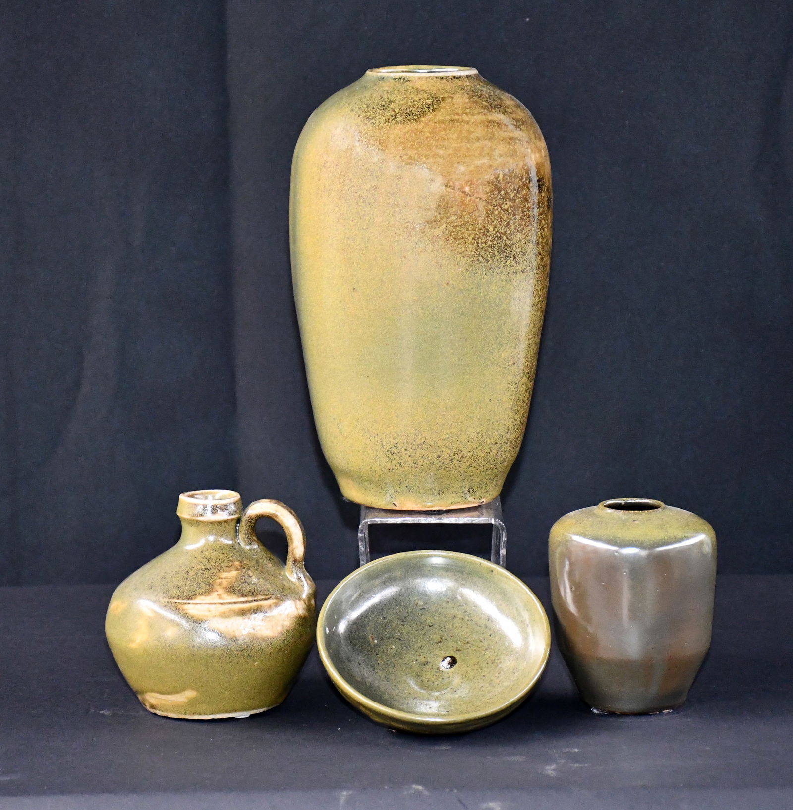 Ben Owen Pottery. Four Frog Green Pottery Wares.: Ben Owen Pottery. Group of Four Frog Green Pottery Wares. Stamped. Mint condition. Tallest is 9.5" h. Est. $100-200. Ship: $100 Please Read Before You Bid: By registering for and/or placing a bid