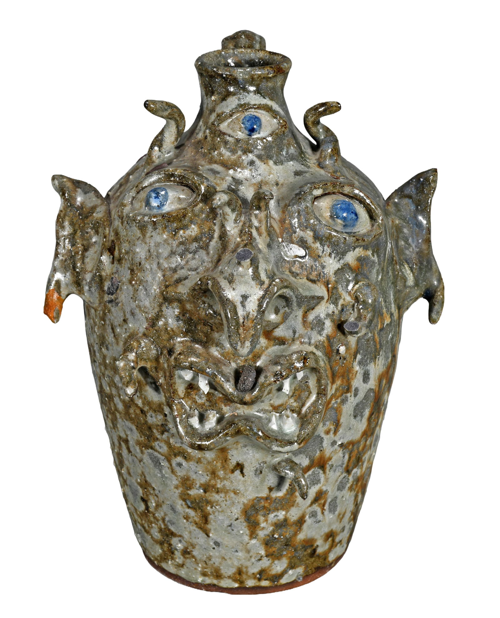 Joe Reinhardt. Three Eyed Devil Face Jug.: Joe Reinhardt. Three Eyed Devil Face Jug. 1993. Stamped and dated. Three horn tips lost otherwise good condition. 9.5" h. Est. $100-200. Ship: $55 Please Read Before You Bid: By registering for