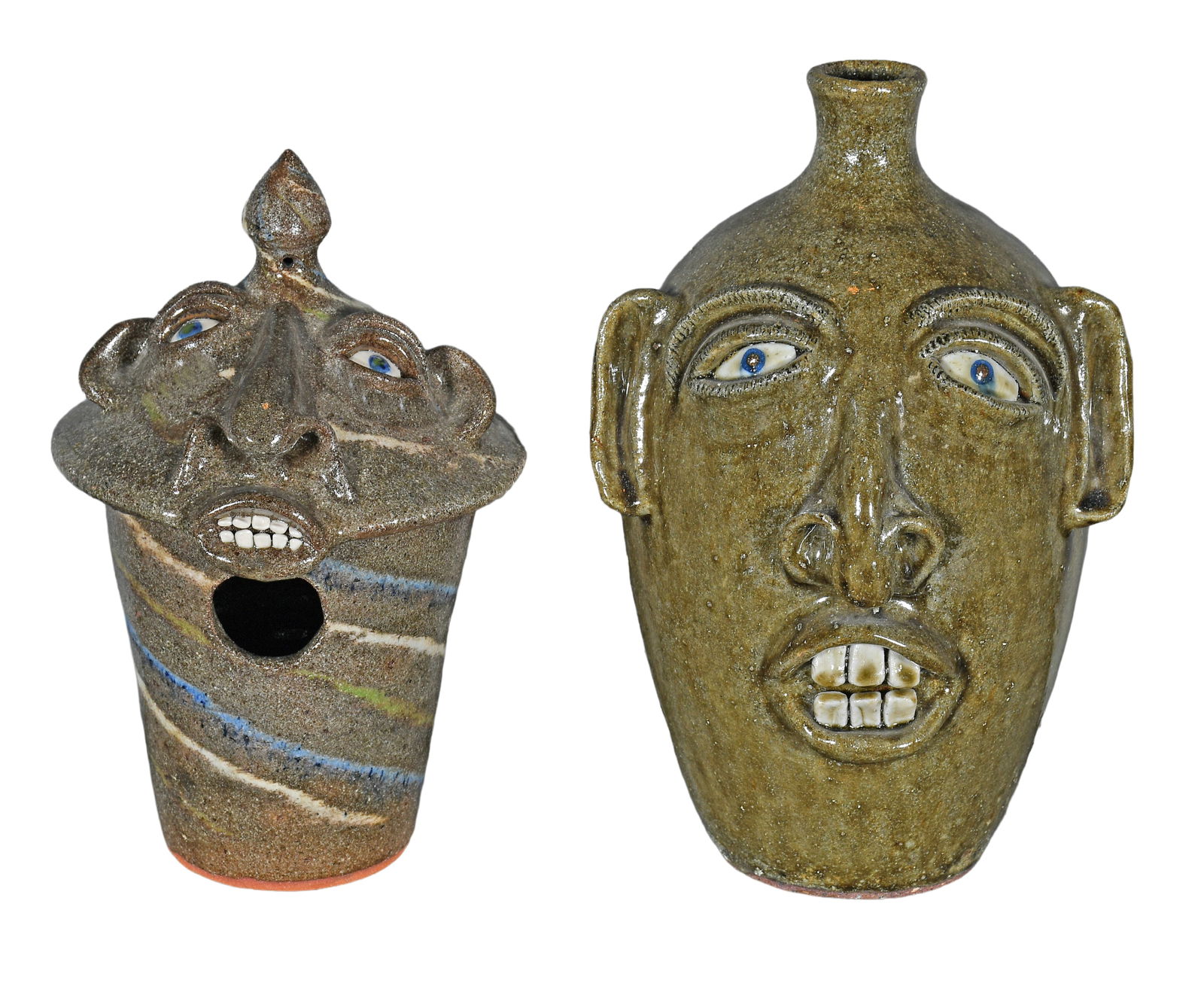 Joe Reinhardt. Face Jug and Face Birdhouse.: Joe Reinhardt. Face Jug and Face Birdhouse. 1995. Both are signed and dated. Mint condition. Tallest is 12" h. Est. $200-300. Ship: $85 Please Read Before You Bid: By registering for and/or
