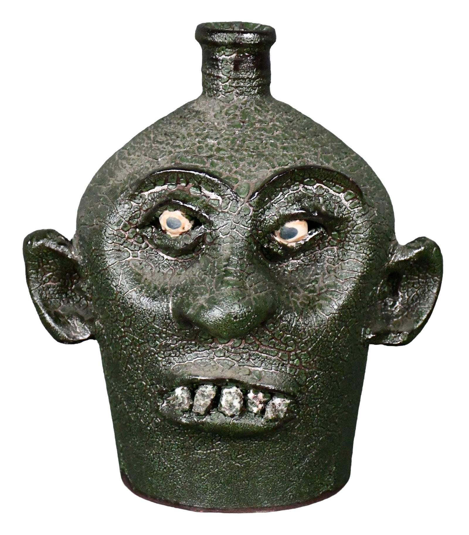 Marvin Bailey. Heavily Crazed Glazed Face Jug.: Marvin Bailey. Heavily Crazed Glazed Face Jug. Signed. Experimental glaze with rock teeth. Mint condition. 9.5" h. Est. $200-300. Ship: $45 Please Read Before You Bid: By registering for and/or placin