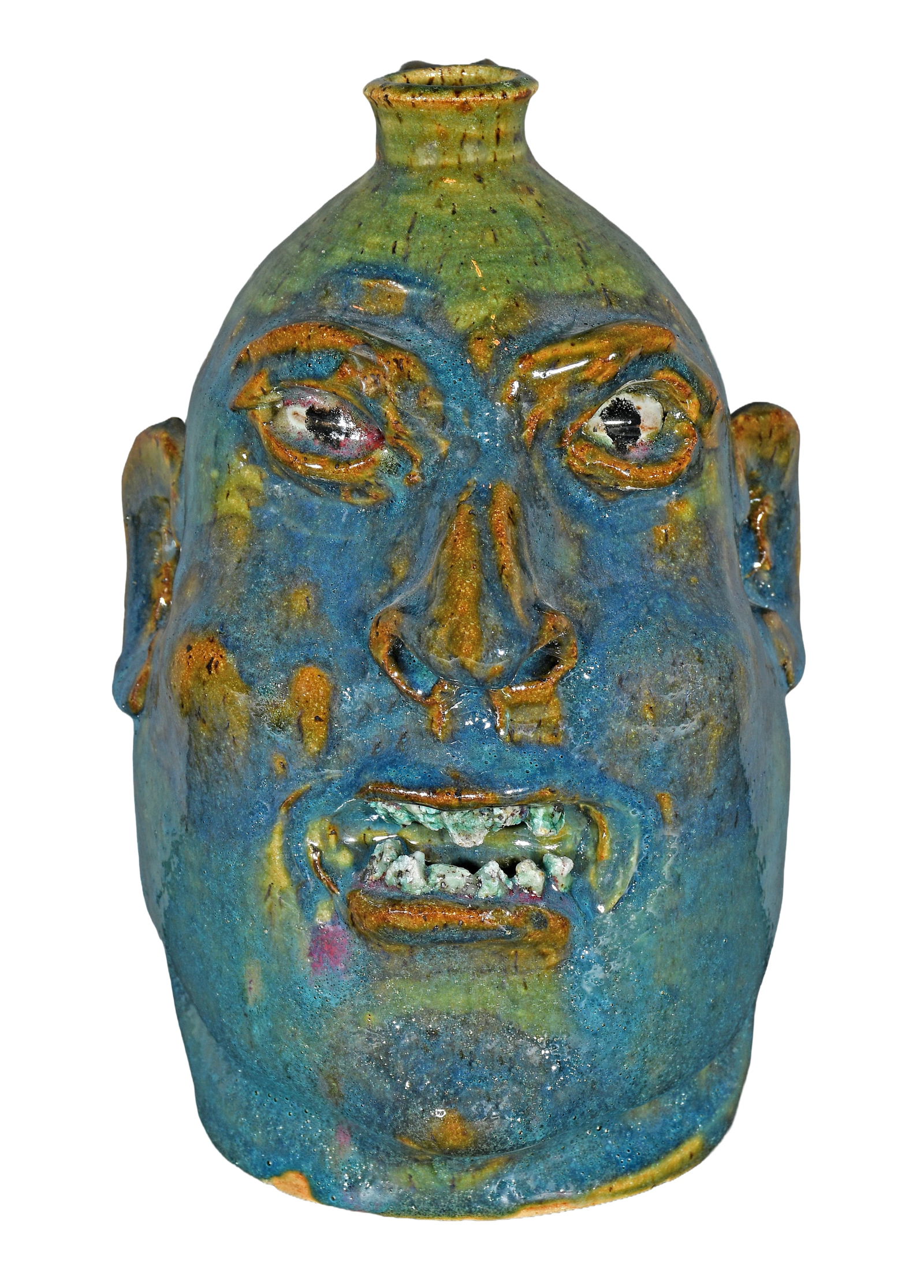 Marvin Bailey. Multi-tone Colored Face Jug with Rock Teeth.: Marvin Bailey. Multi-tone Colored Face Jug with Rock Teeth. Signed. Mint condition. 10" h. Est. $100-200. Ship: $55 Please Read Before You Bid: By registering for and/or placing a bid in any