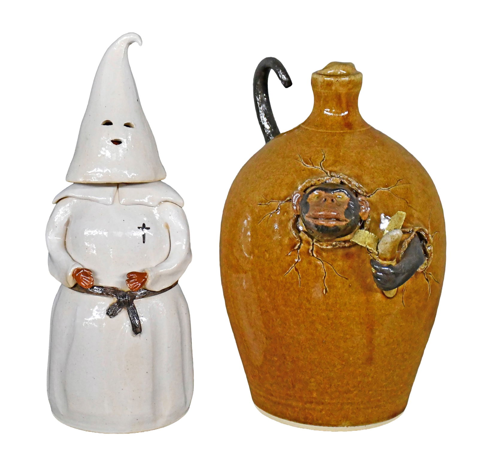 Otis Norris. Monkey Jug and Ironic Klan Figurine.: Otis Norris. Monkey Jug and Ironic Klan Figurine. 2008. Signed and dated. Mint condition. Average is 12" h. Est. $100-200. Ship: $100 Please Read Before You Bid: By registering for and/or placing