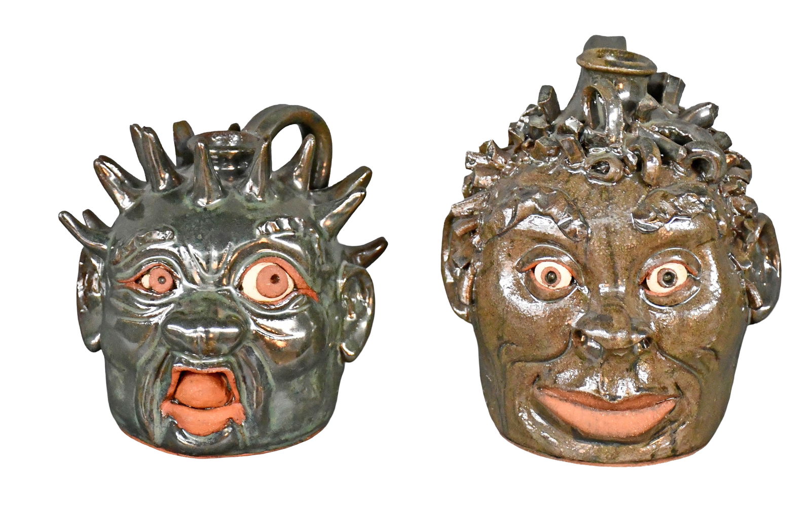 Yvette Lepley. Pint Size Face Jugs with Spiked Hairdos.: Yvette Lepley. Pint Size Face Jugs with Spiked Hairdos. Signed. Mint condition. Average is 6" h. Est. $100-200. Ship: $75 Please Read Before You Bid: By registering for and/or placing a bid in any