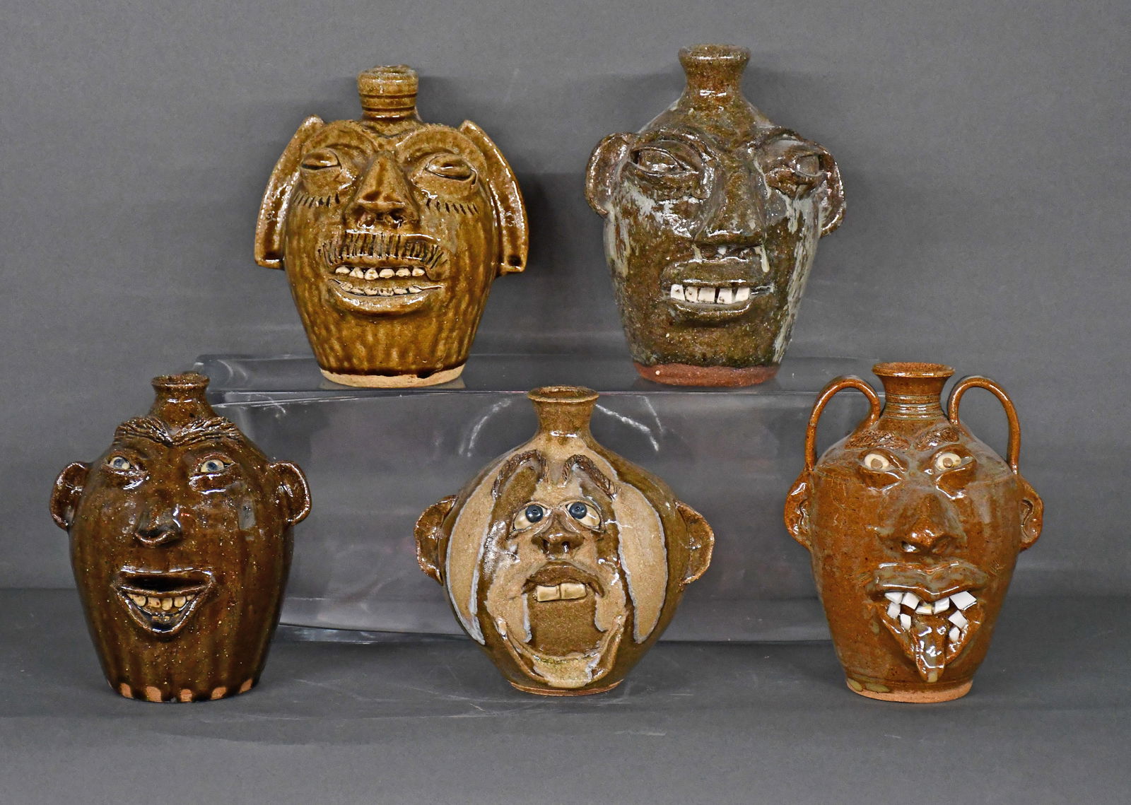 Craig, King, Kale, Abee. 5 Pint-Size Face Jugs.: Craig, King, Kale, Abee, and other. Group of Five Pint-Size Face Jugs. All signed. Mint condition. Average is 7" h. Est. $200-400. Ship: $150 Please Read Before You Bid: By registering for and/or