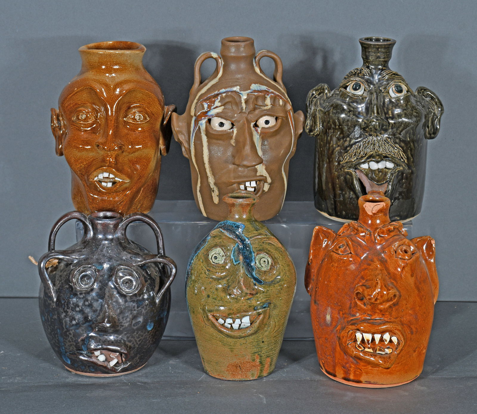 Bollick, Brown, Flowers. 6 Half Gallon Face Jugs. (1 of 2)