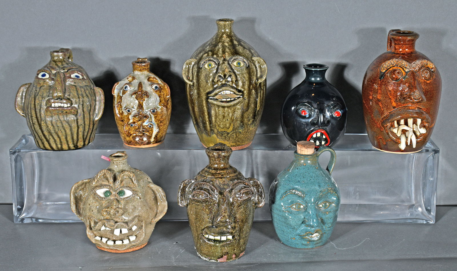 B.B. Craig, Michael Ball, Turn & Burn Pottery. 8 Pint Size Face Jugs. (1 of 2)