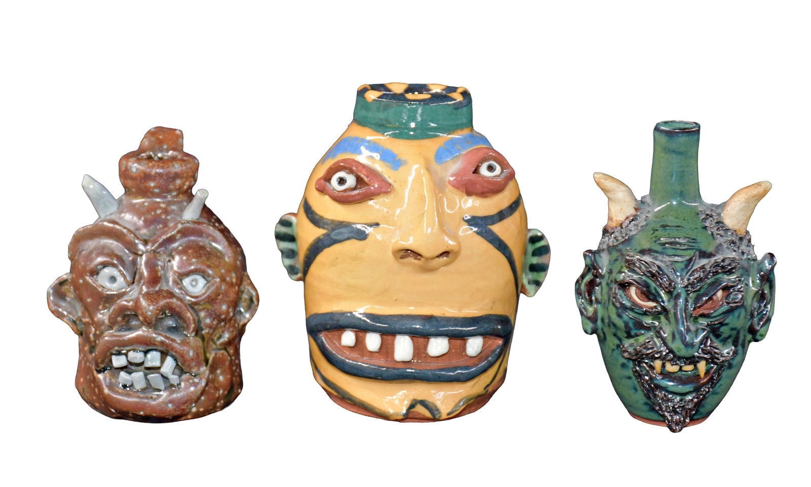 Peter Lenzo, Carl Block and Sandy Cole. 3 Mini Face Jugs.: Peter Lenzo, Carl Block and Sandy Cole. Three Mini Face Jugs. c. 2002 and 2003. All are signed. Two are dated. Mint condition. Largest is 4.5" h. Est. $100-200. Ship: $55 Please Read Before You