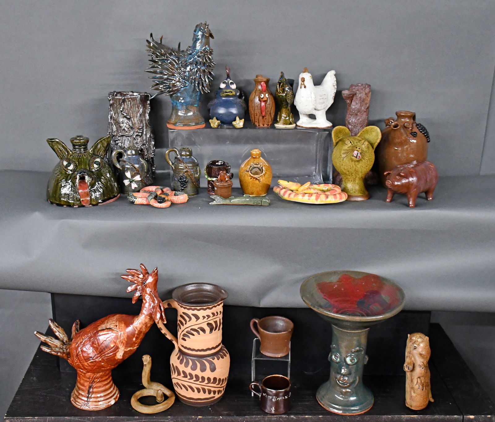 Multi-potters. Large Group Lot of Chickens, Snakes and Others.: Multi-potters. Large Group Lot of Chickens, Snakes and Other Works. Signed. Excellent to mint condition. Tallest is 11" h. Est. $100-200. Ship: $200 Please Read Before You Bid: By registering for and/