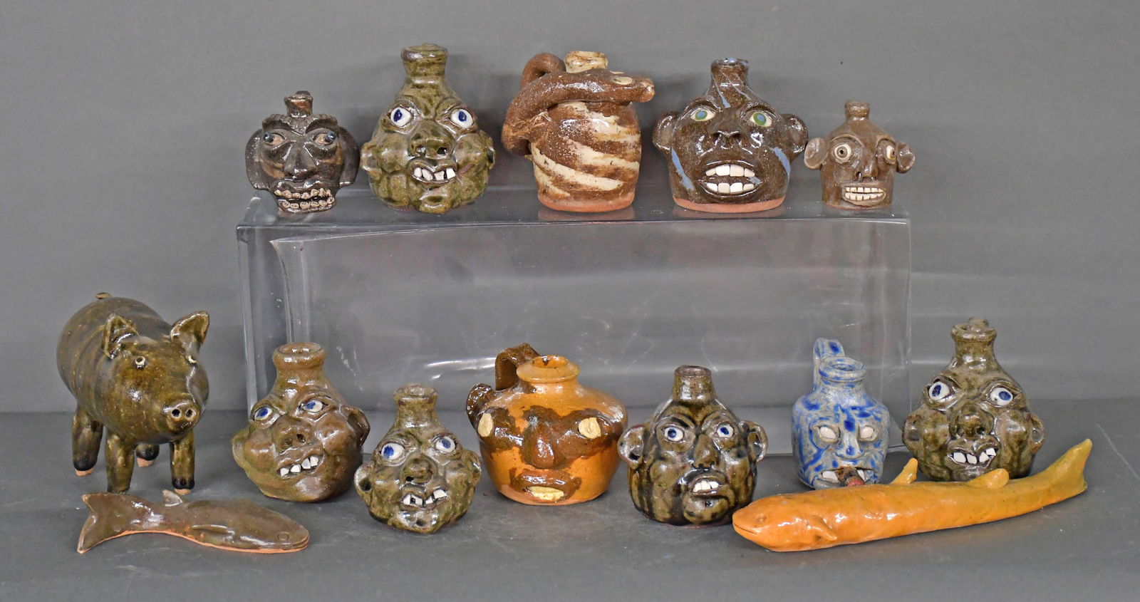 Meaders, Moore, Hewell, Rogers, Reinhardt. 10 Mini Face Jugs & 4 Animal Pieces. (1 of 2)