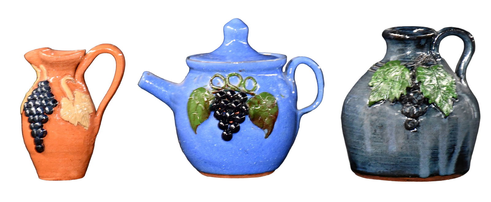 Hodge, M. Meaders, Ferguson. 3 Grape Decorated Mini Pottery Wares. (1 of 3)