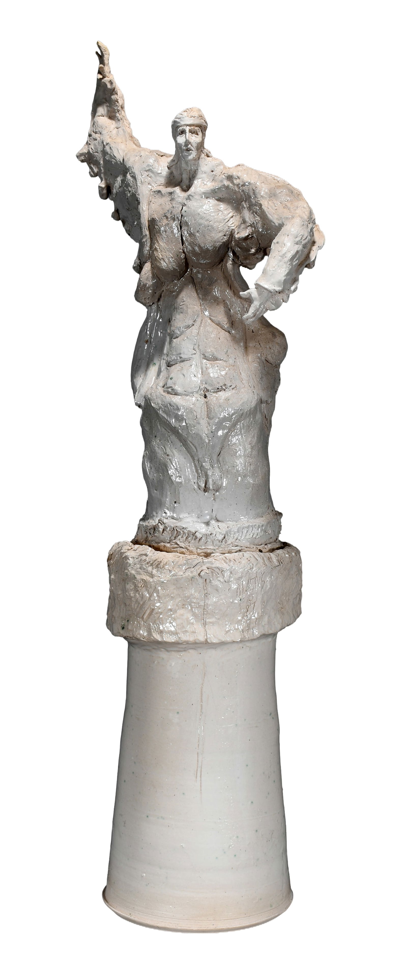 Bob Owens. What Is Man - Psalm VIII - Warrior Angel.: Bob Owens. What Is Man - Psalm VIII - Warrior Angel. 1997. Signed and dated. Large white stoneware, sculpture with clear glaze. Possible artist repair of one finger on one hand andtwo fingers on the o