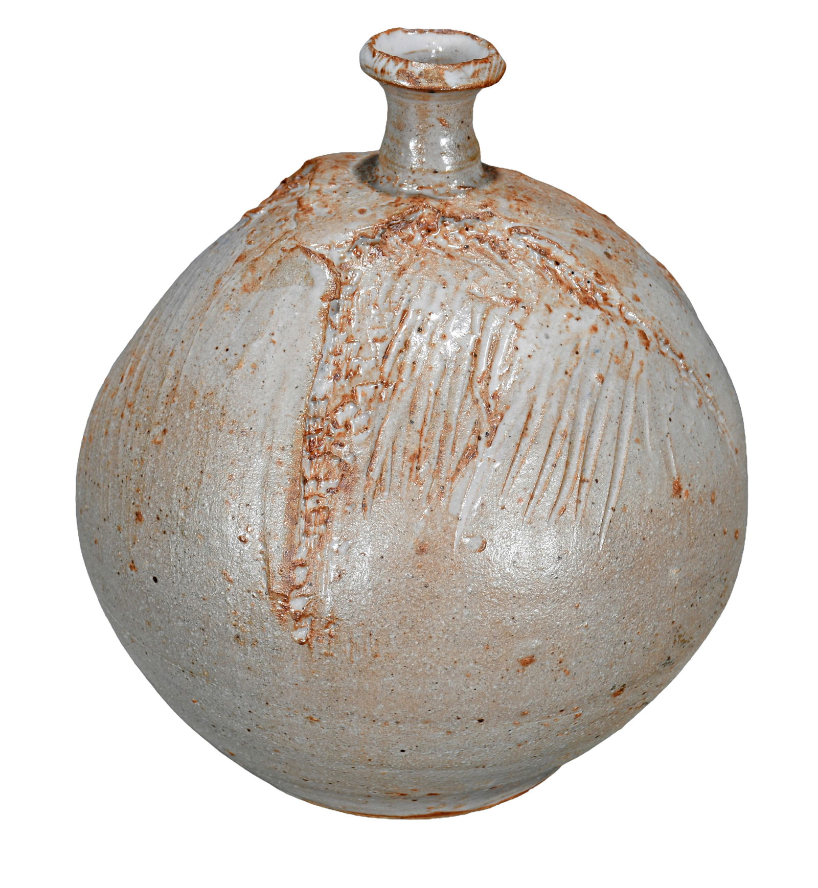 Bob Owens. Round Vase with Three Panels of Incised Decorated Stoneware. (1 of 4)