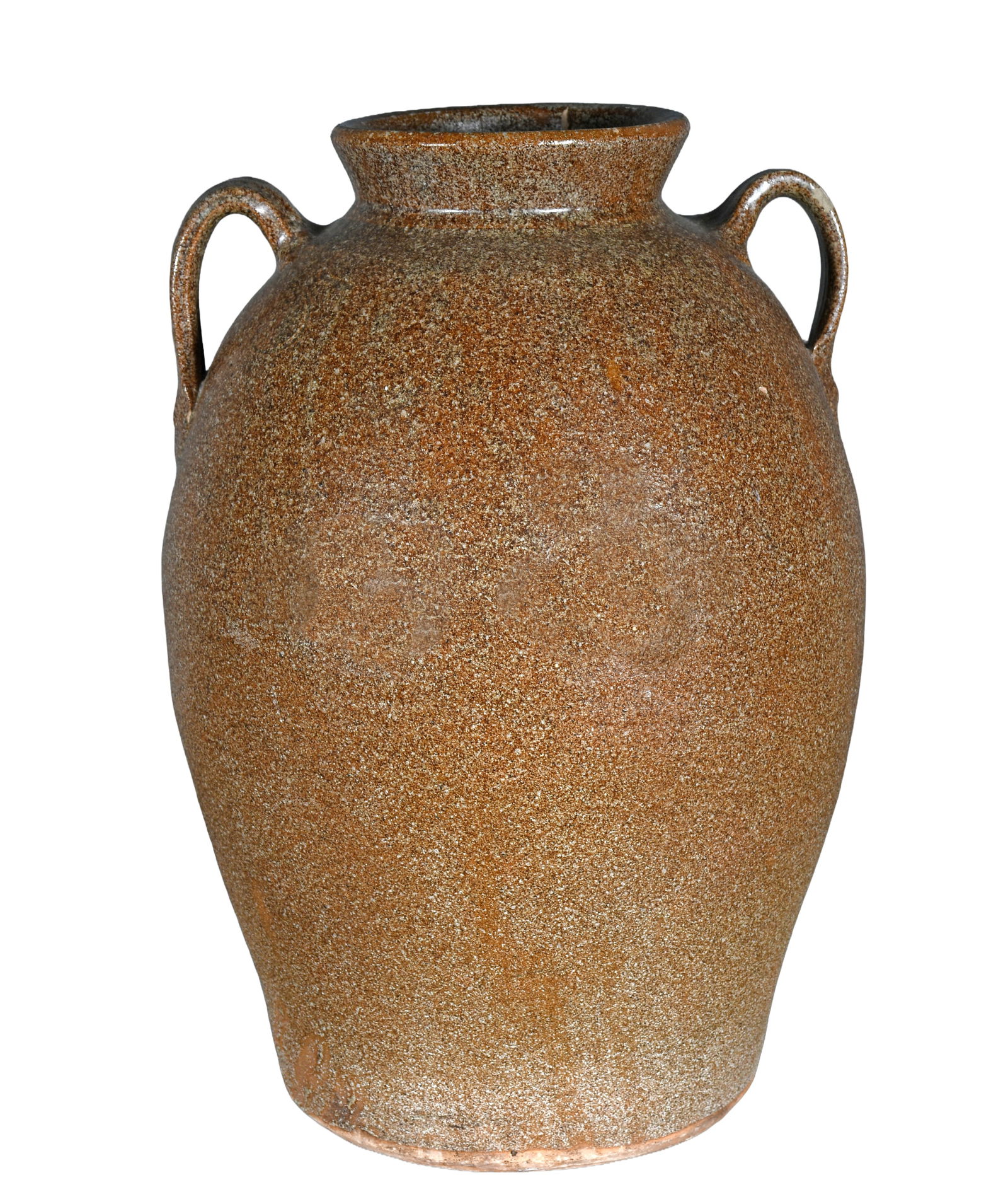 Anonymous. 5 Gallon Double Strap Churn.: Anonymous. 5 Gallon Double Strap Churn. Stamped. Possibly Alabama. Unusual speckled glaze. Break and repair to rim otherwise good to fair condition. 17.5" h. Provenance: Robert Cargo Gallery. Est.