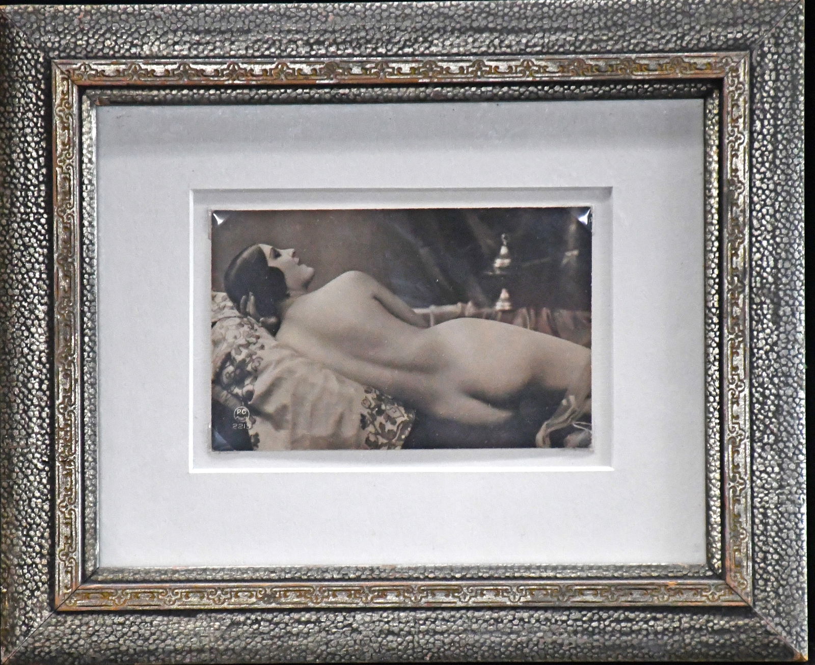P.G. Reclining Nude Post Card.: P.G. Reclining Nude Post Card. c. 1920's. Initialed. Great condition. 11.5" w x 9.5" h with frame. Est. $100-200. Ship: $35 Please Read Before You Bid: By registering for and/or placing a bid in