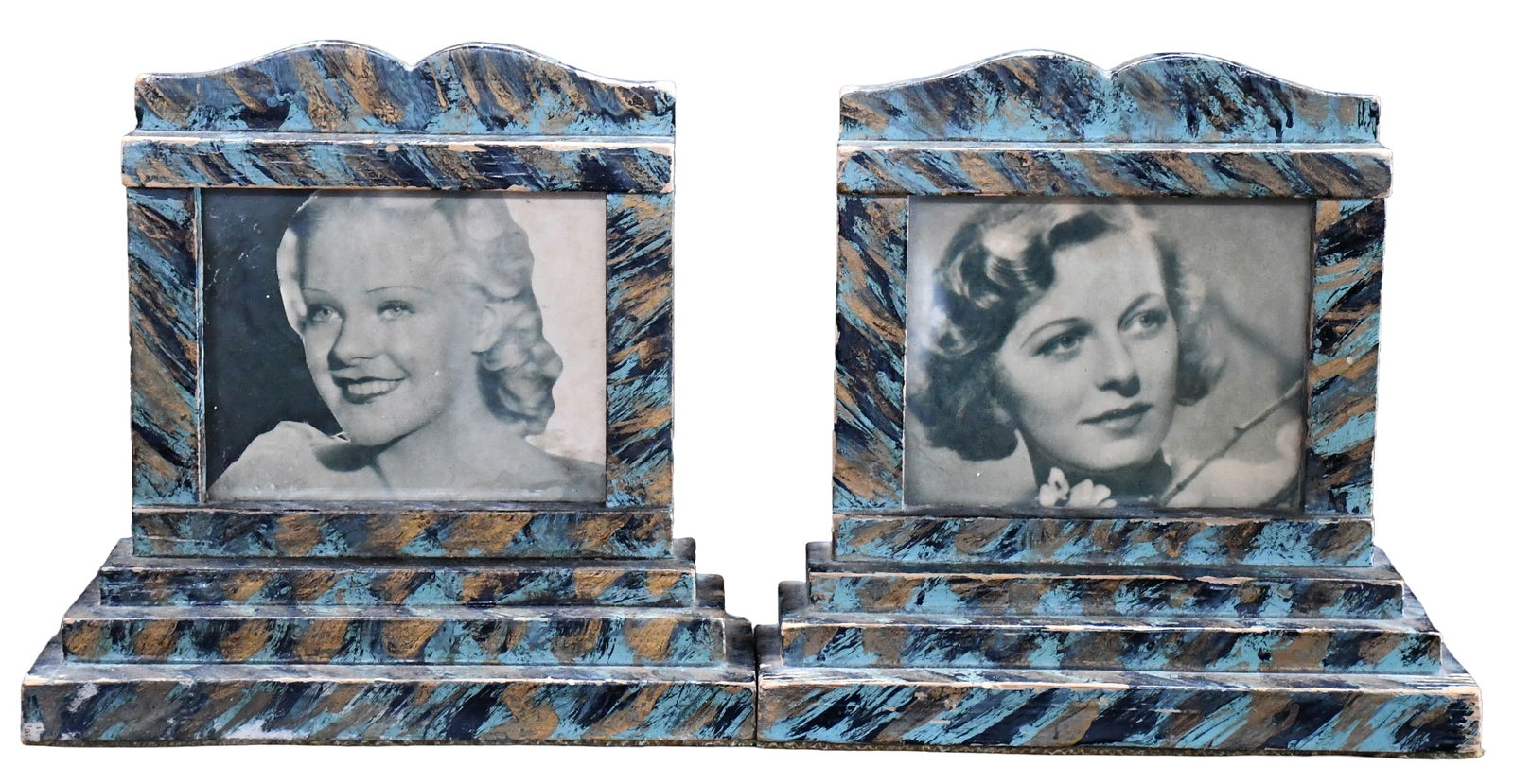 Faux Painted Bookends with Photos.: Anonymous. Faux Painted Bookends with Photos. Not signed. Paint on wood. Great condition. Each is 7" x 7" x 2". Est. $50-75. Ship: $35 Please Read Before You Bid: By registering for and/or placing