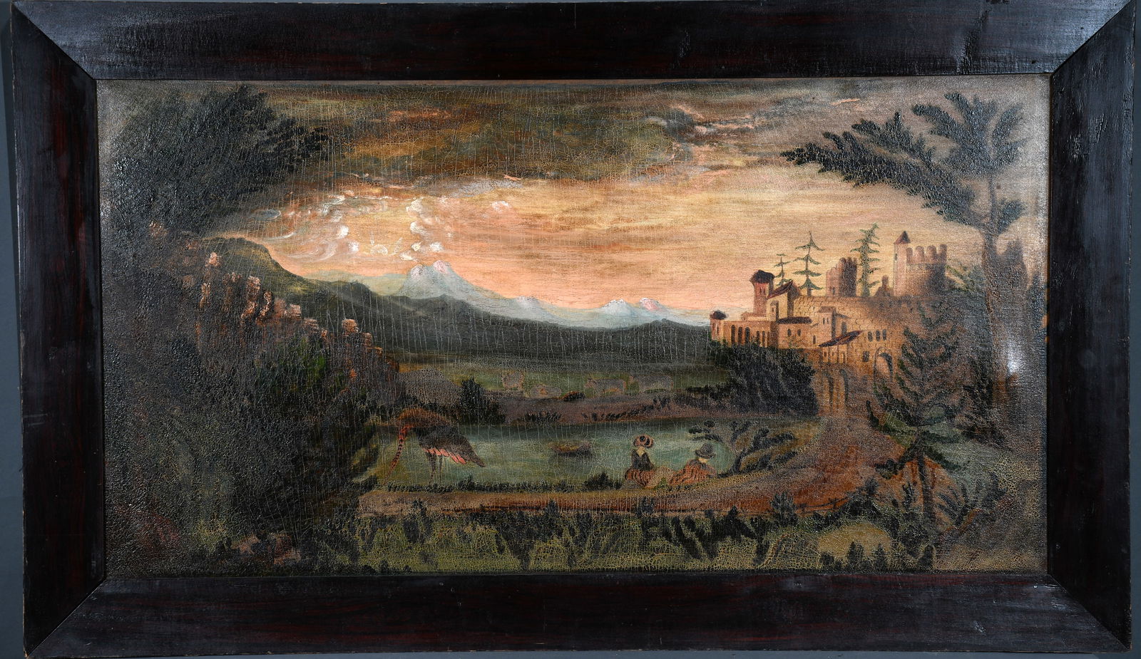Anonymous. Castle with Lake Landscape.: Anonymous. Castle with Lake Landscape. 1856. Dated. Oil on canvas, re-lined. Crazing throughout otherwise great condition. Size with frame is 57" w x 34" h. Est. $300-500. Ship: $500 Please Read